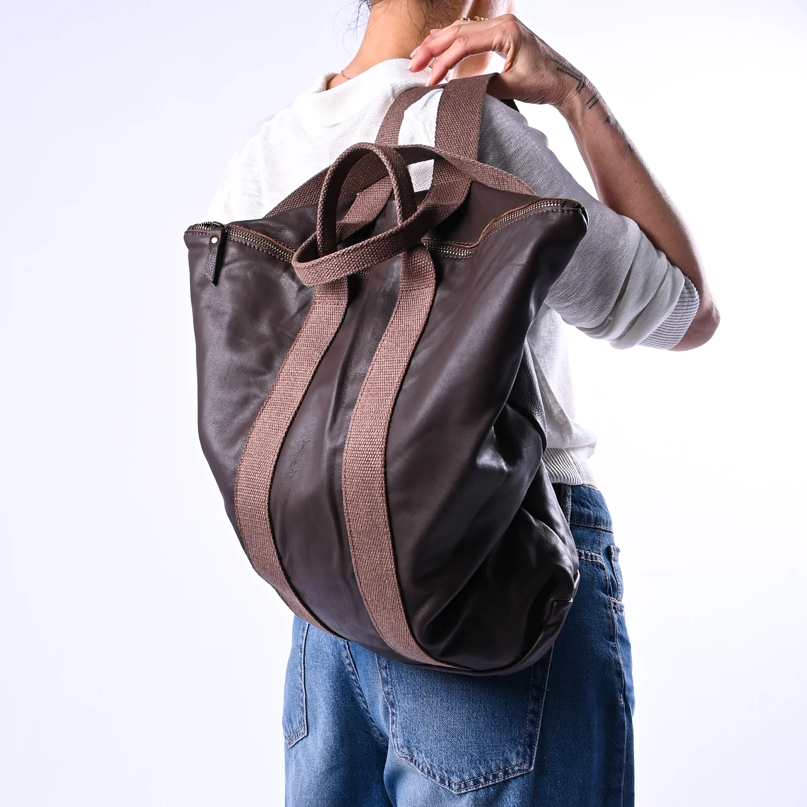 B LOVE - BORZA/ZAINO IN NAPPA+INSERTI COTONE ART.16193 - MORO - Image 5