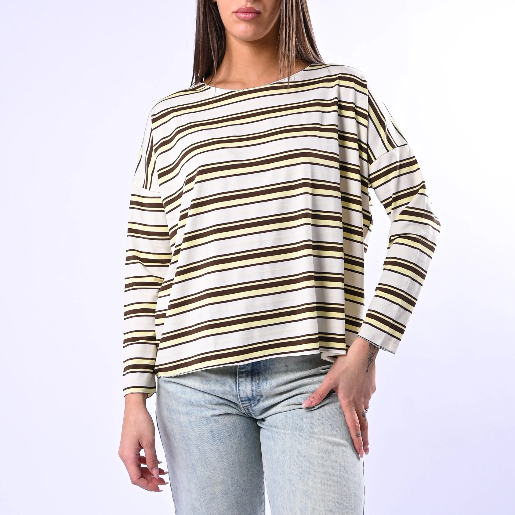 B LOVE - T-SHIRT RIGA A SCATOLA IN VISCOSA ART.10023 - PANNA/MORO/GIALLO