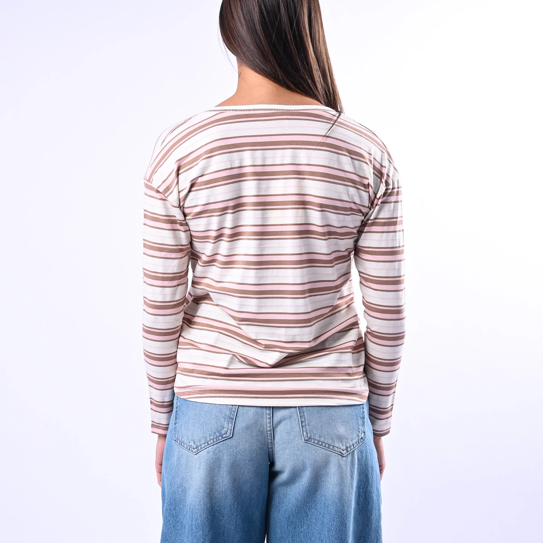 B LOVE - T-SHIRT RIGA SCOLLO V IN VISCOSA ART.12035 - PANNA/CAMMELLO/ROSA - Image 4