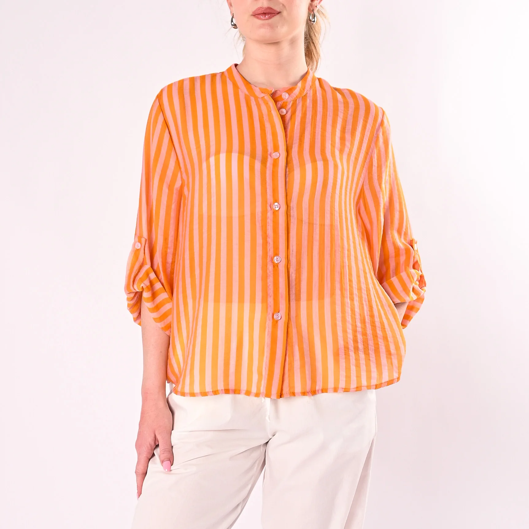 HAVEONE - CAMICIA A RIGHE IN LYOCELL ART.CVS-Q423/AR - ARANCIO/ROSA
