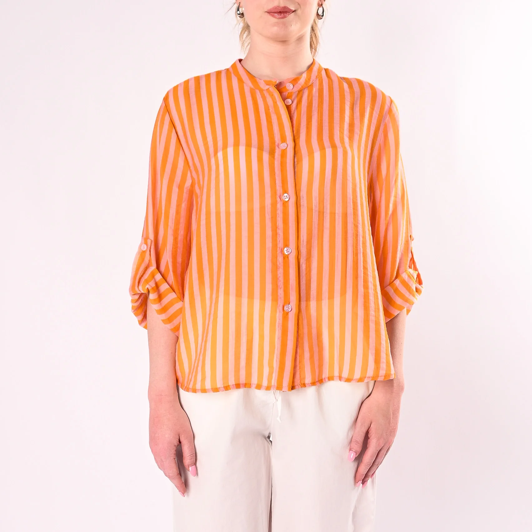 HAVEONE - CAMICIA A RIGHE IN LYOCELL ART.CVS-Q423/AR - ARANCIO/ROSA - Image 2