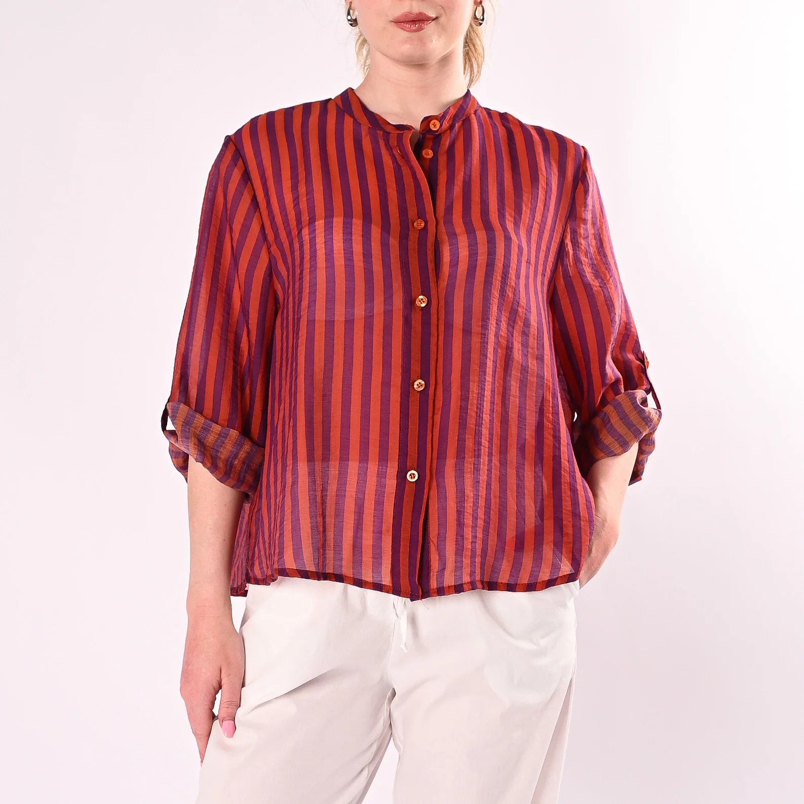 HAVEONE - CAMICIA A RIGHE IN LYOCELL ART.CVS-Q423/AV - ARANCIO/VIOLA