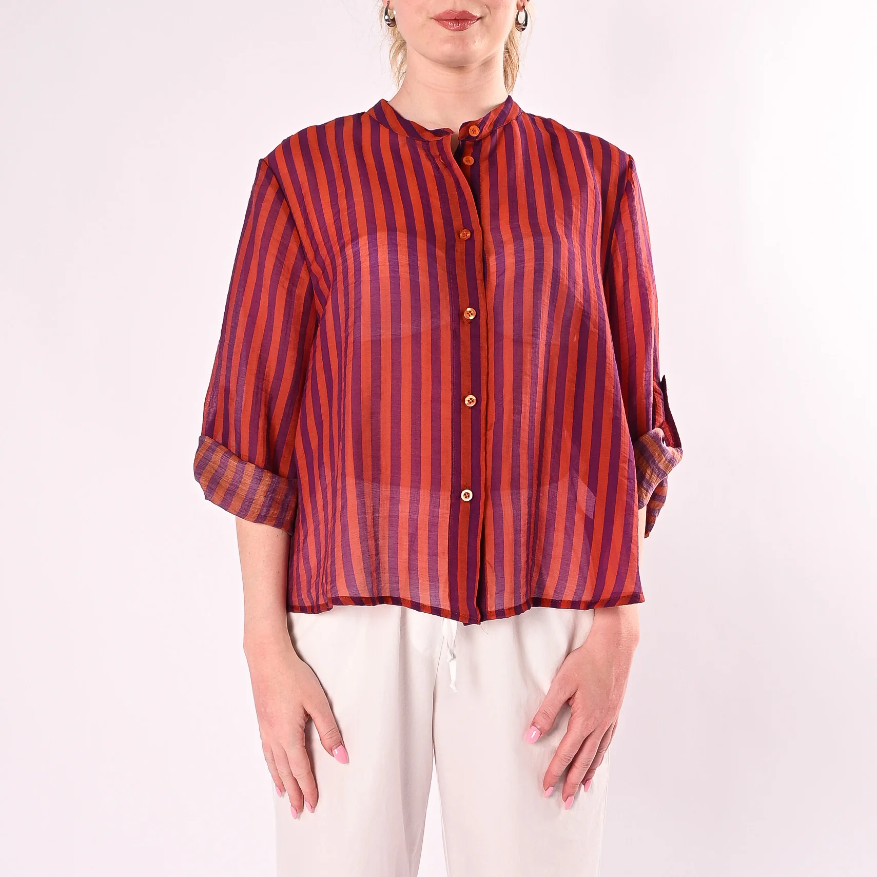 HAVEONE - CAMICIA A RIGHE IN LYOCELL ART.CVS-Q423/AV - ARANCIO/VIOLA - Image 2