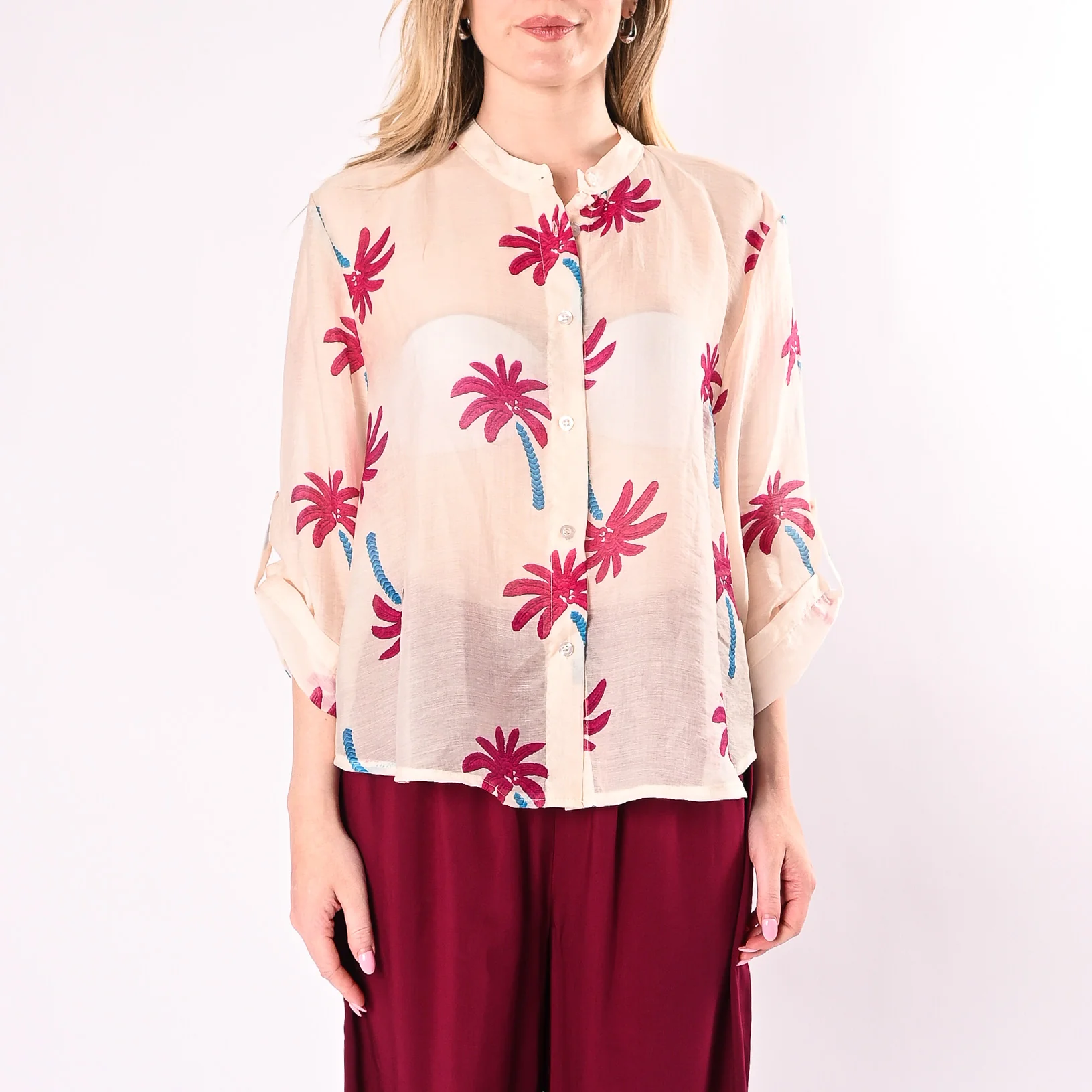 HAVEONE - CAMICIA COREANA CON FANTASIA PALME EFFETTO RICAMO ART. CVS-Q445/B - BURRO - Image 2