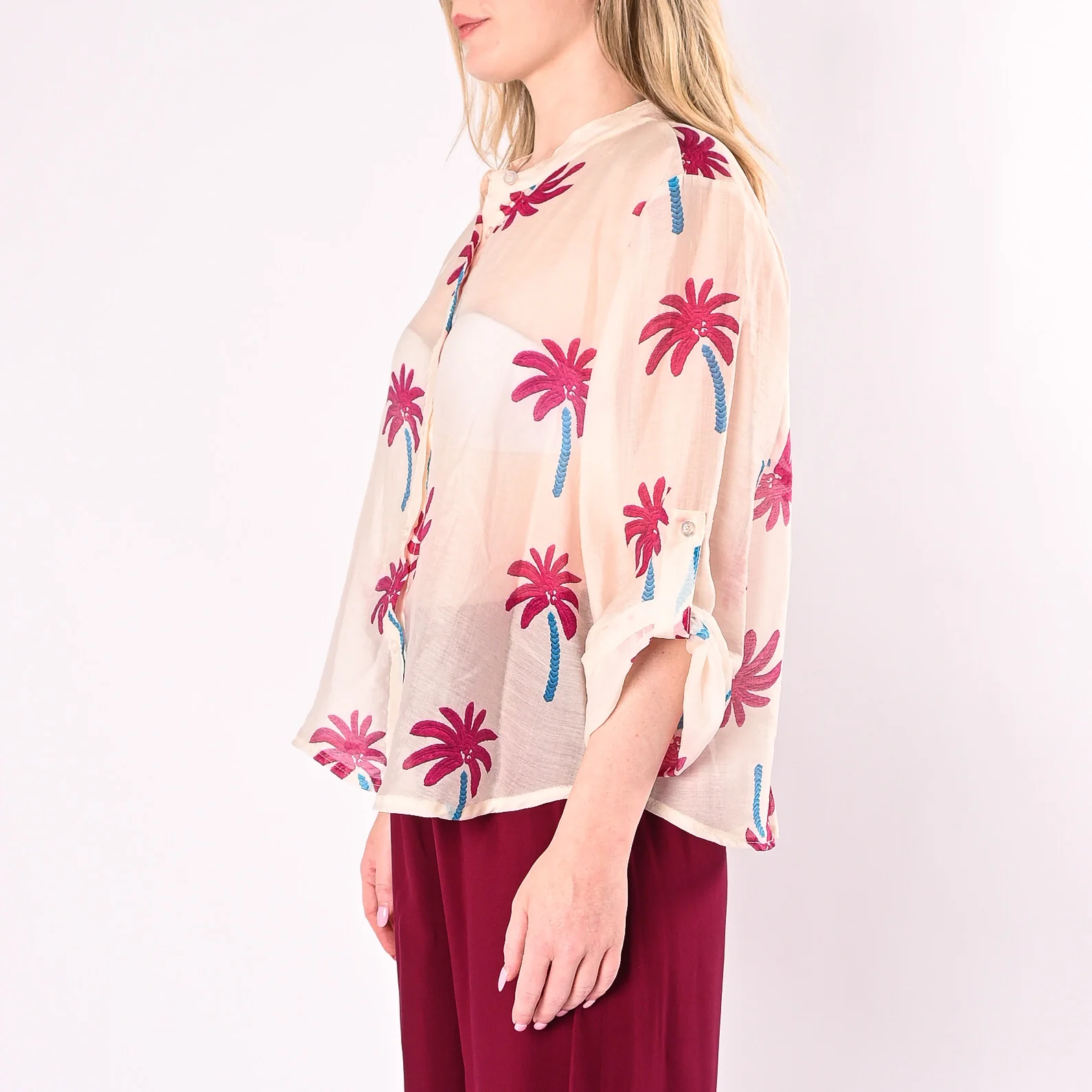 HAVEONE - CAMICIA COREANA CON FANTASIA PALME EFFETTO RICAMO ART. CVS-Q445/B - BURRO - Image 3