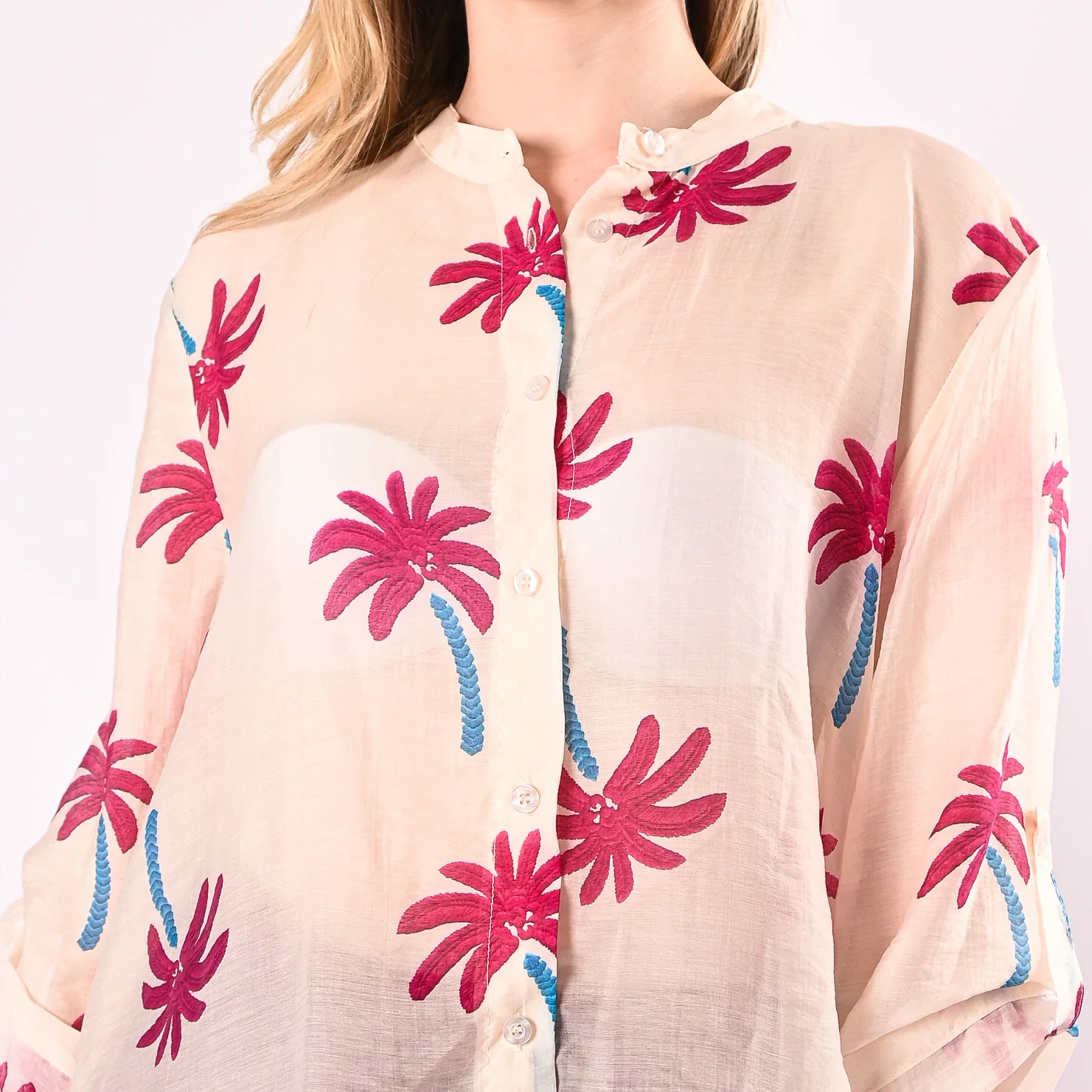 HAVEONE - CAMICIA COREANA CON FANTASIA PALME EFFETTO RICAMO ART. CVS-Q445/B - BURRO - Image 5