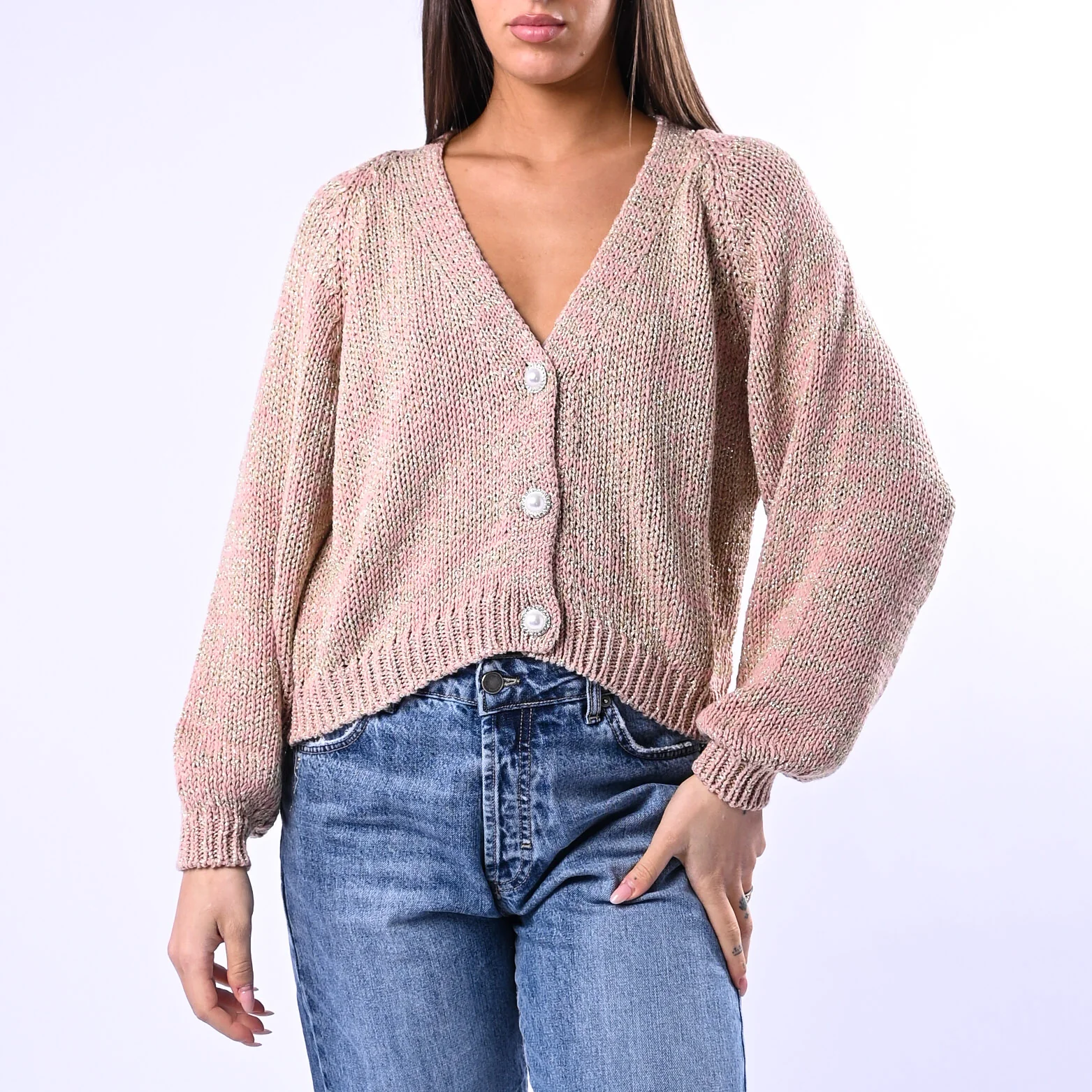 HAVEONE - CARDIGAN LUREX BOTTONE GIOIELLO ART.JIT-Q008 - ROSA