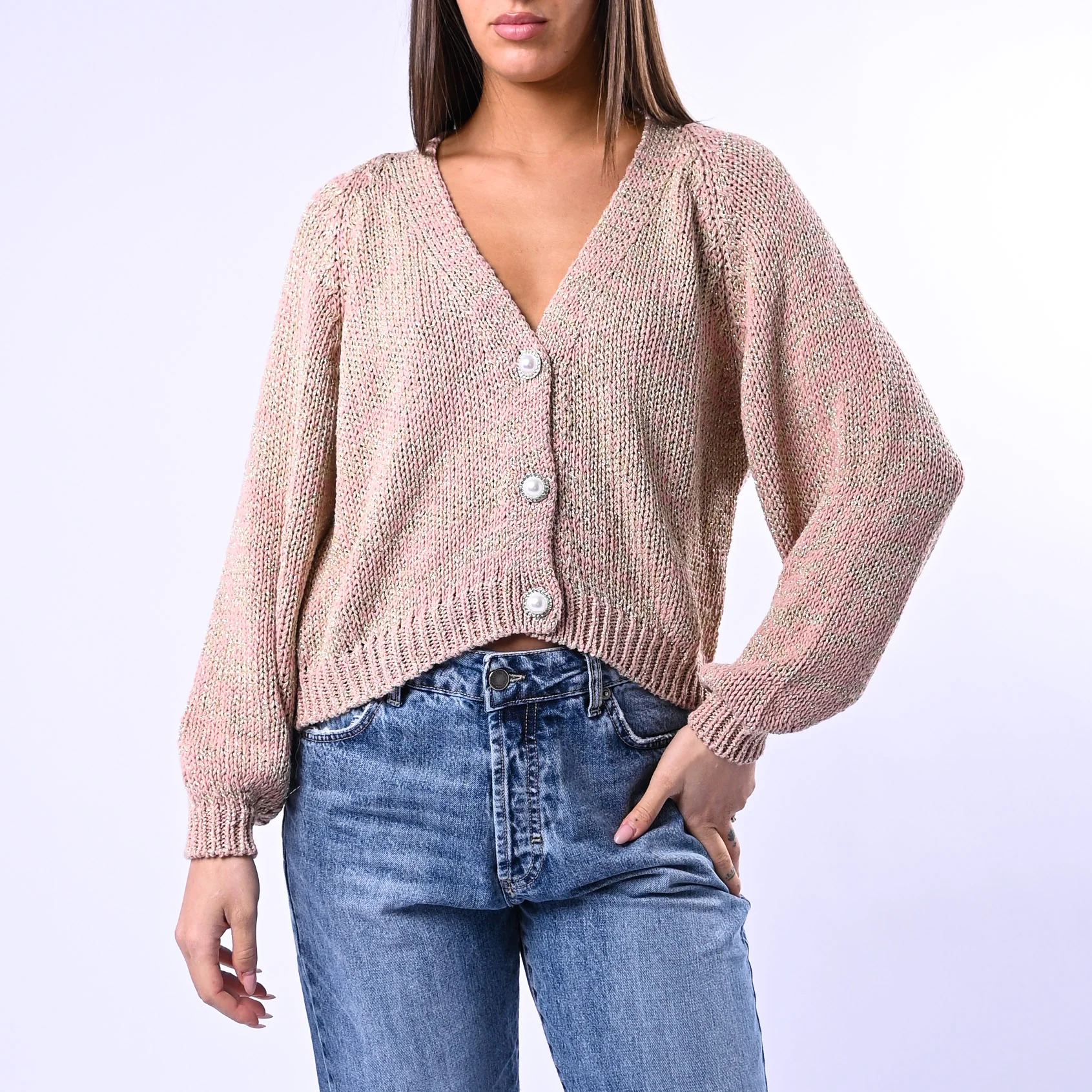 HAVEONE - CARDIGAN LUREX BOTTONE GIOIELLO ART.JIT-Q008 - ROSA - Image 2
