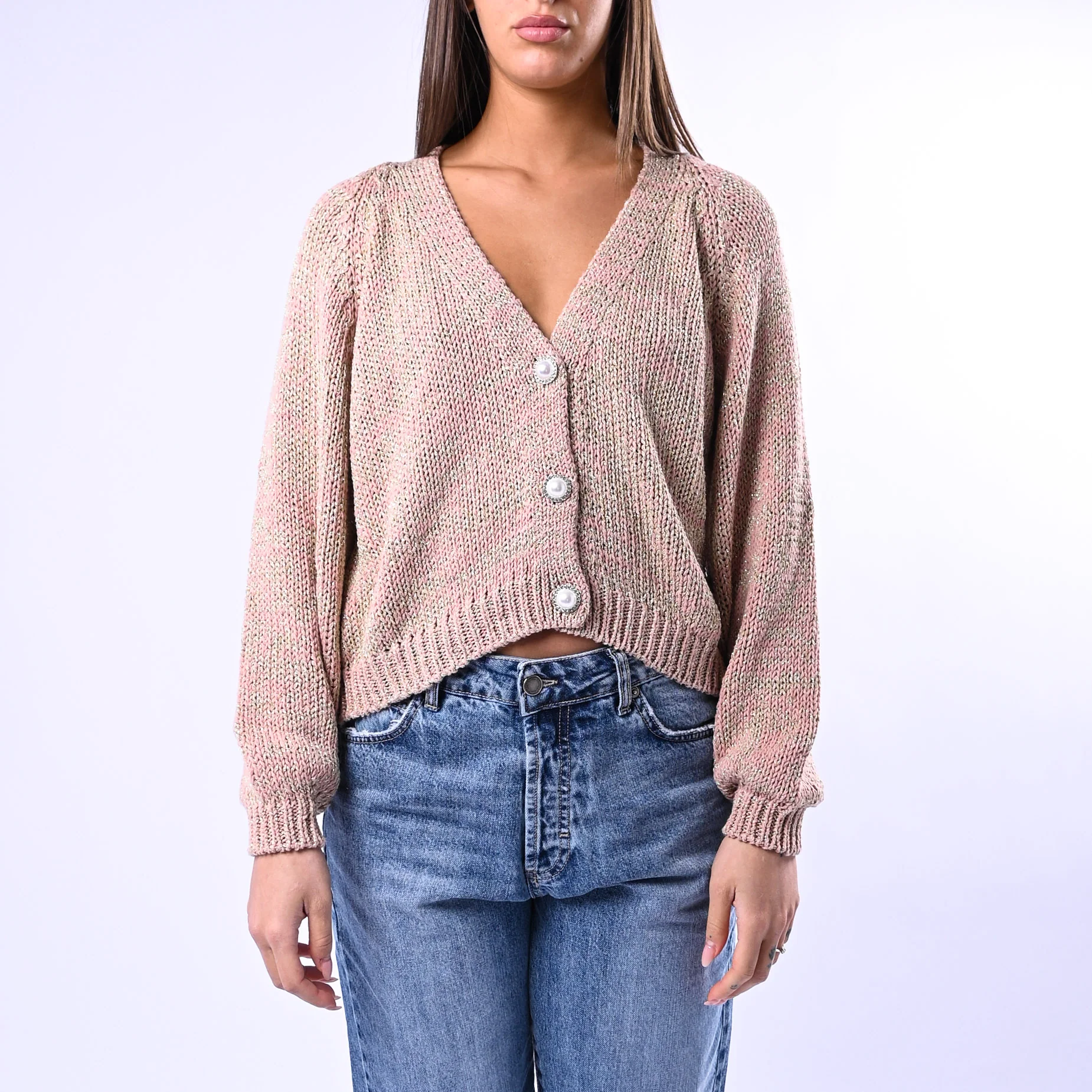 HAVEONE - CARDIGAN LUREX BOTTONE GIOIELLO ART.JIT-Q008 - ROSA - Image 3
