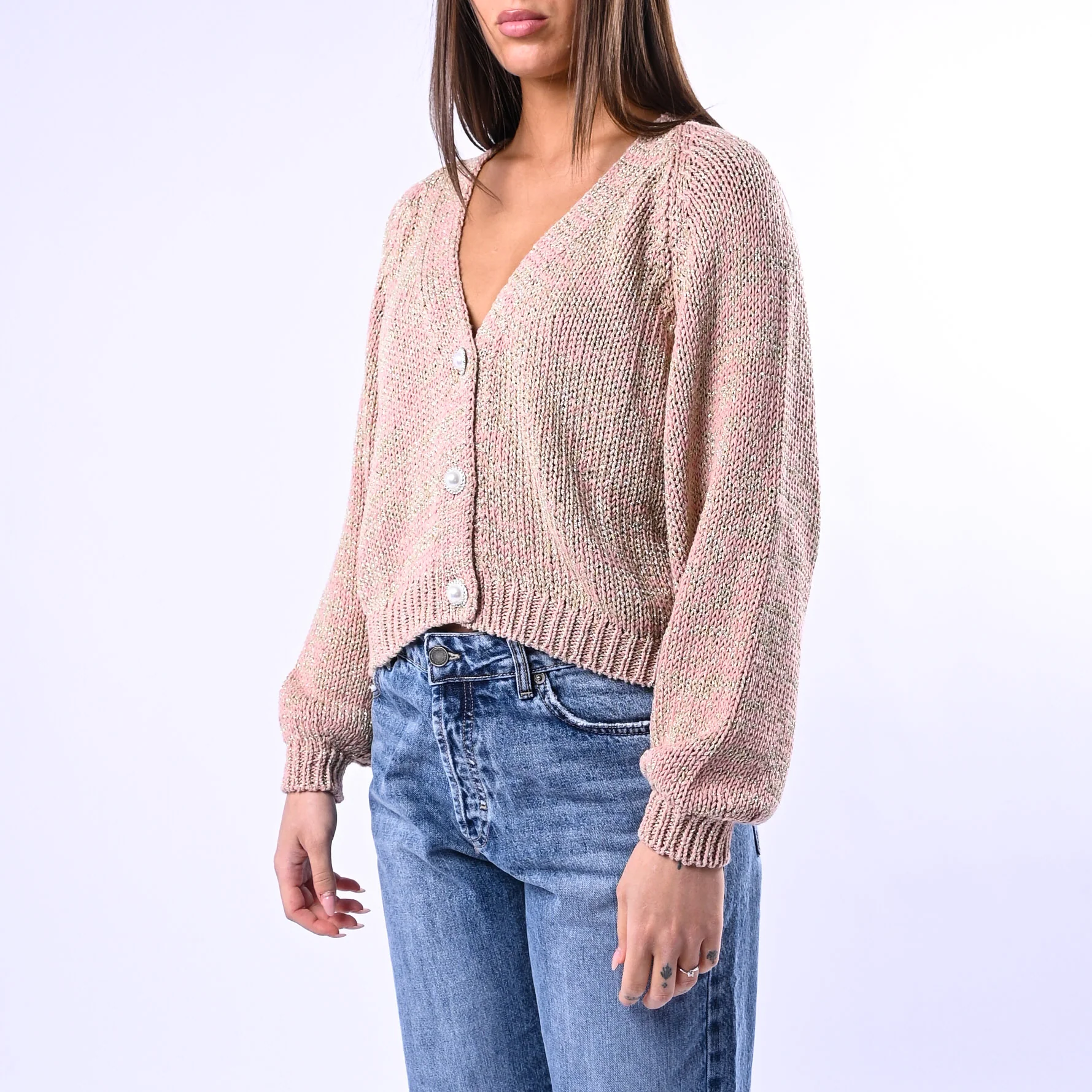 HAVEONE - CARDIGAN LUREX BOTTONE GIOIELLO ART.JIT-Q008 - ROSA - Image 4