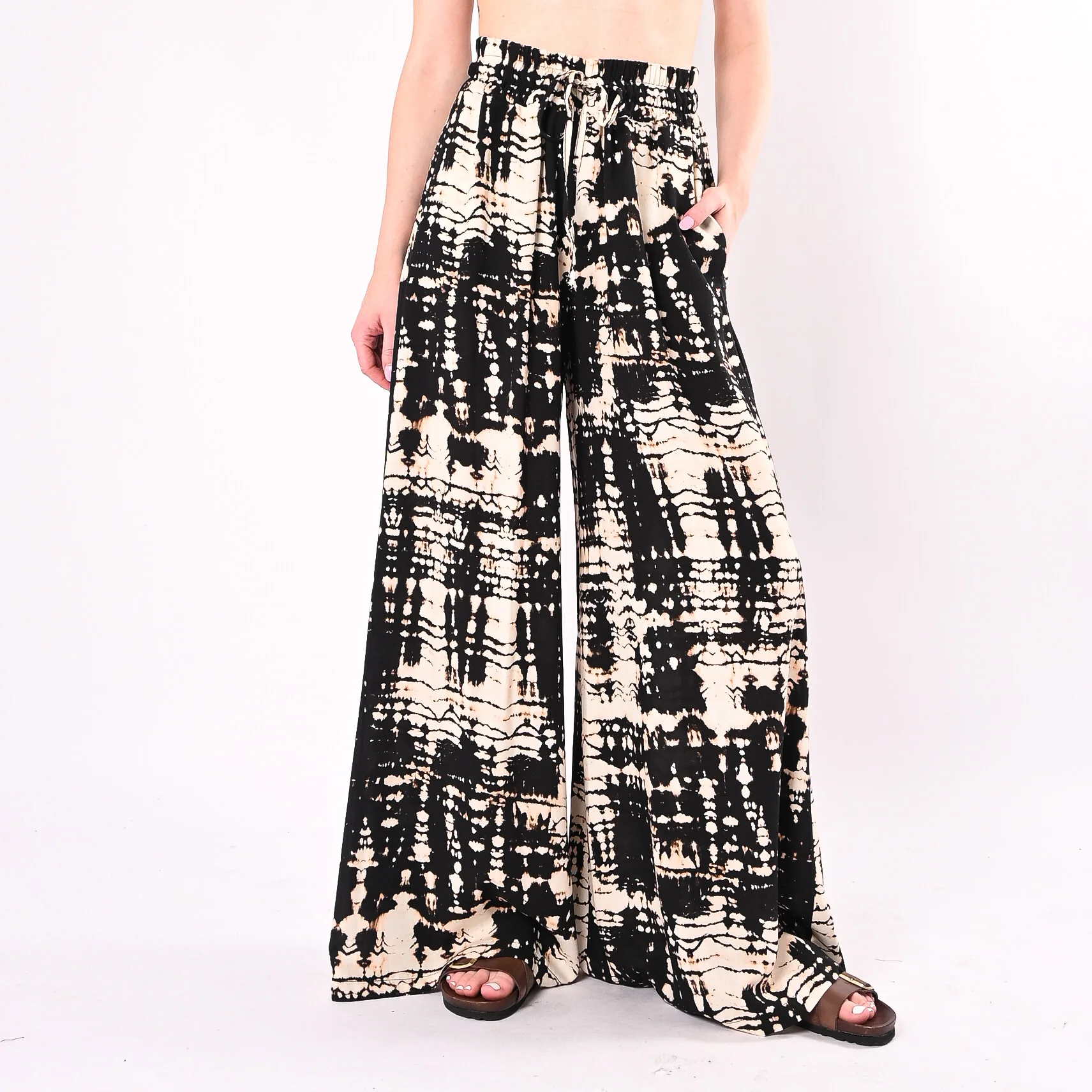 HAVEONE - PANTALONE PALAZZO FANTASIA BATIK ART.PMA-Q697/NB - NERO/BURRO