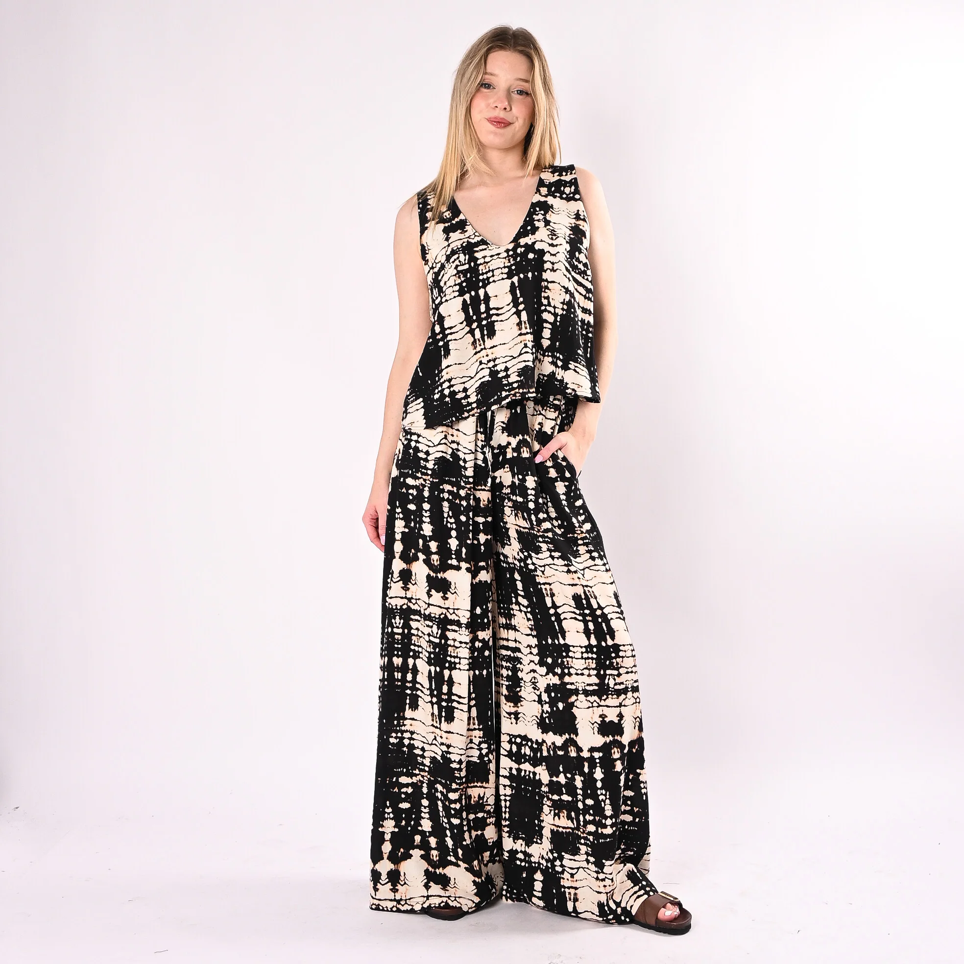 HAVEONE - PANTALONE PALAZZO FANTASIA BATIK ART.PMA-Q697/NB - NERO/BURRO - Image 6