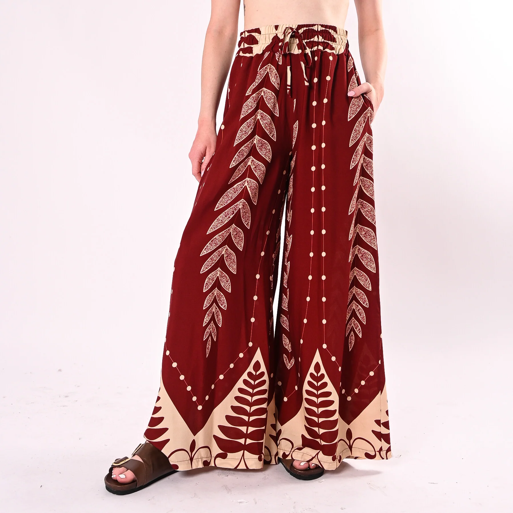 HAVEONE - PANTALONE PALAZZO FANTASIA FOGLIE ART.PMA-Q715/IB - INDIA/BURRO
