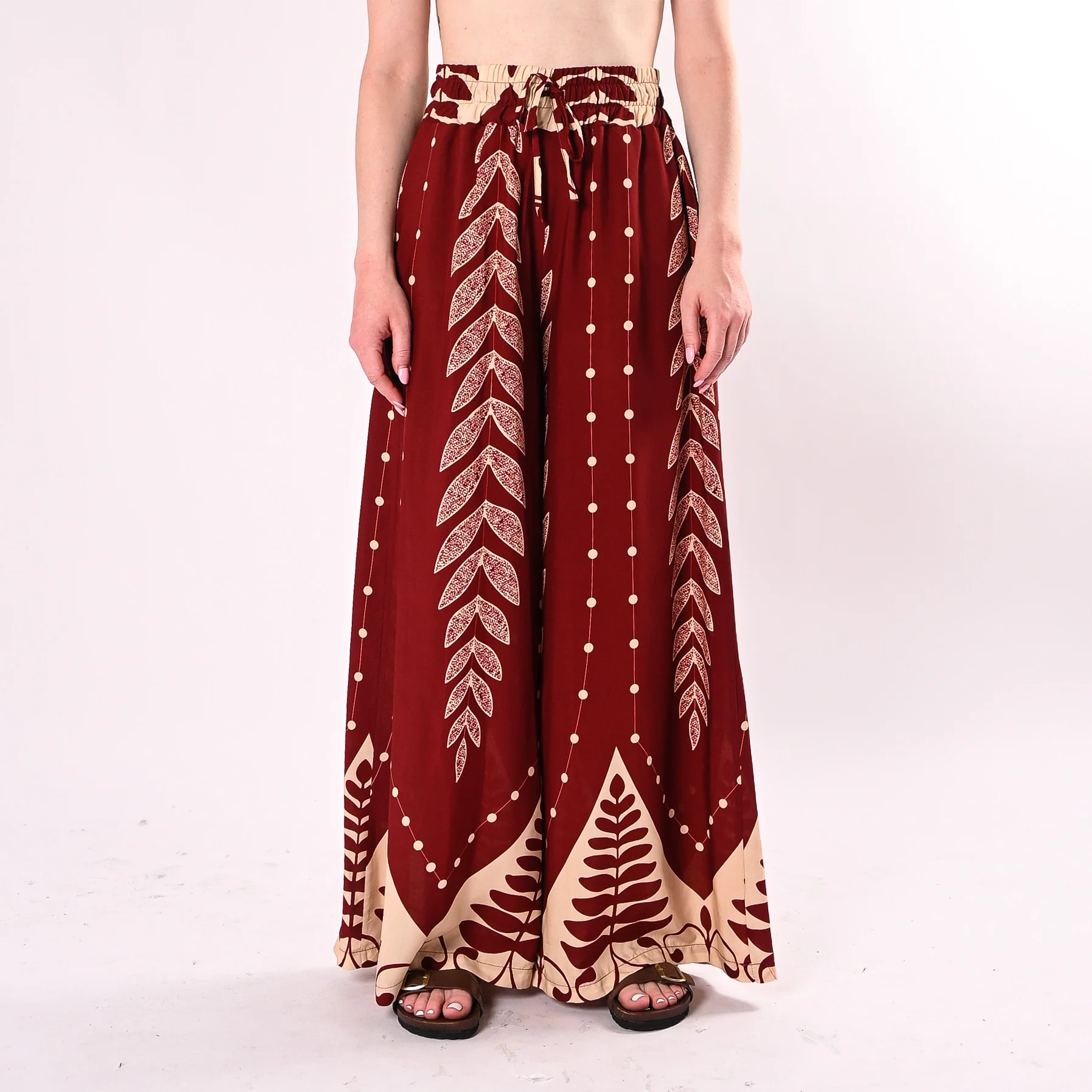 HAVEONE - PANTALONE PALAZZO FANTASIA FOGLIE ART.PMA-Q715/IB - INDIA/BURRO - Image 2