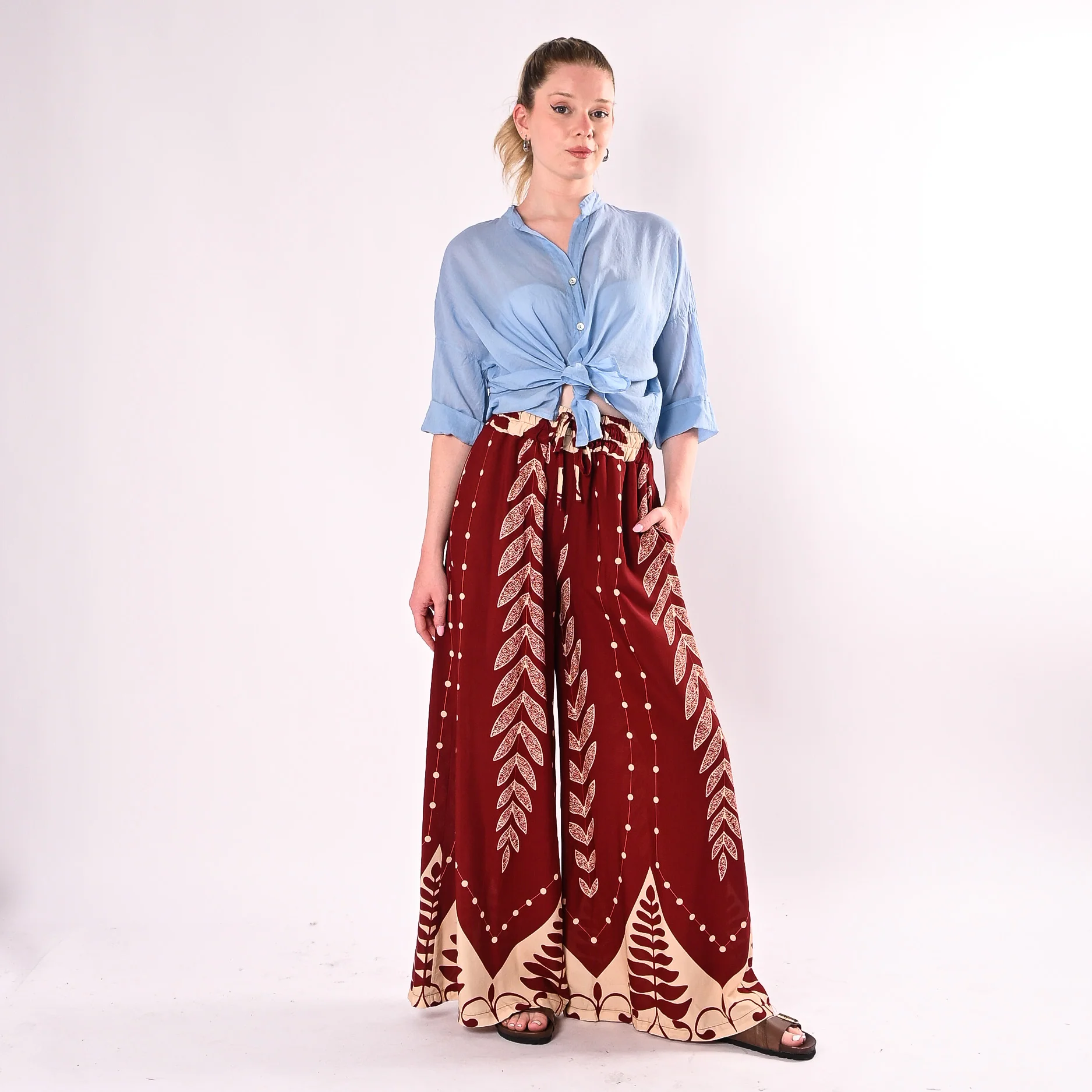 HAVEONE - PANTALONE PALAZZO FANTASIA FOGLIE ART.PMA-Q715/IB - INDIA/BURRO - Image 3