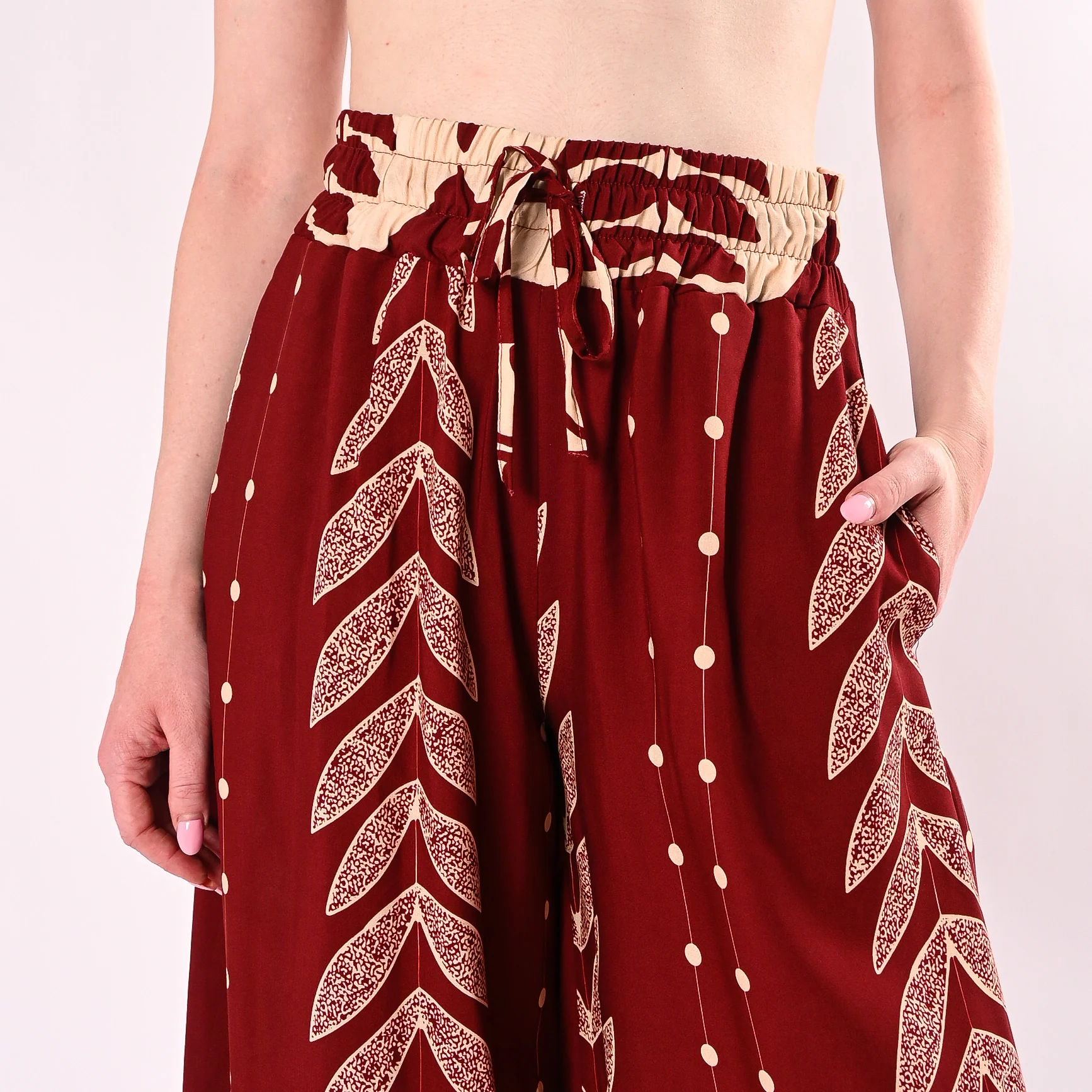 HAVEONE - PANTALONE PALAZZO FANTASIA FOGLIE ART.PMA-Q715/IB - INDIA/BURRO - Image 6