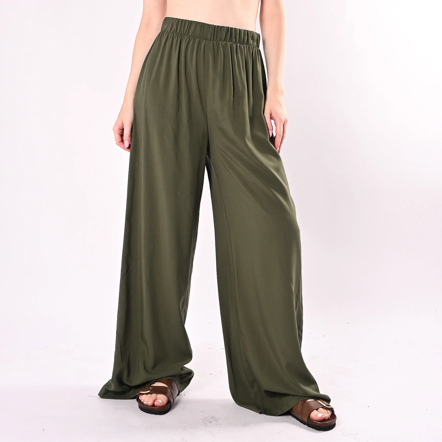 HAVEONE - PANTALONE PALAZZO FLUIDO IN VISCOSA ART. PIA-Q670/M - MILITARE