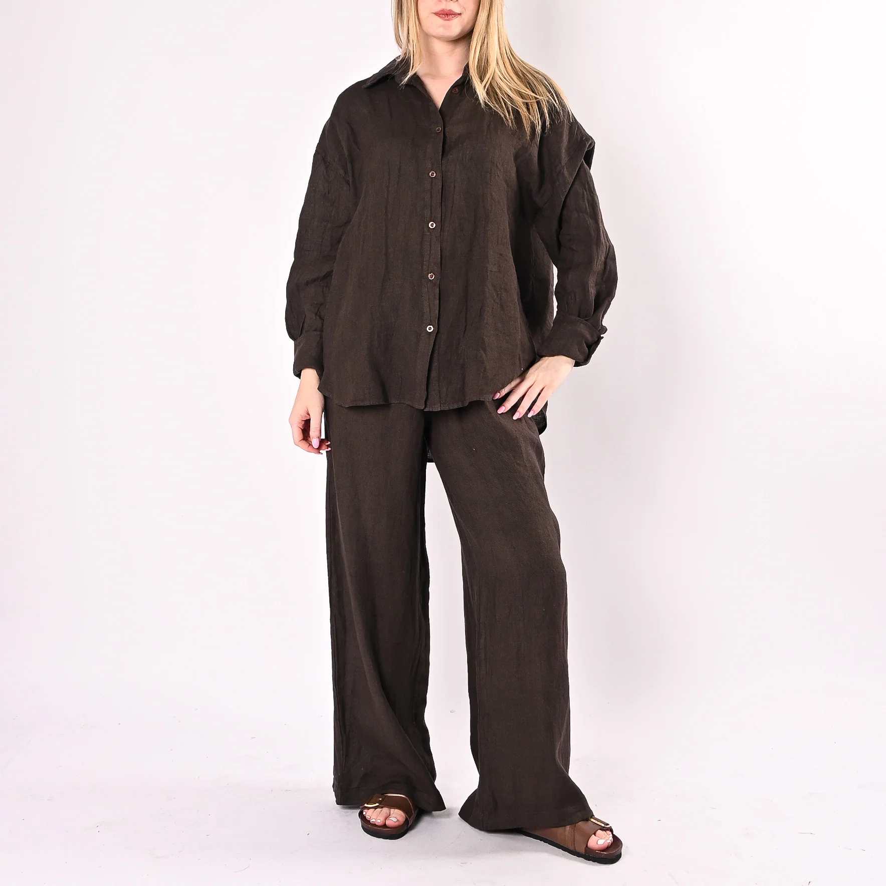 HAVEONE - PANTALONE PALAZZO IN PURO LINO ART.PVE-Q667/M - MORO - Image 5