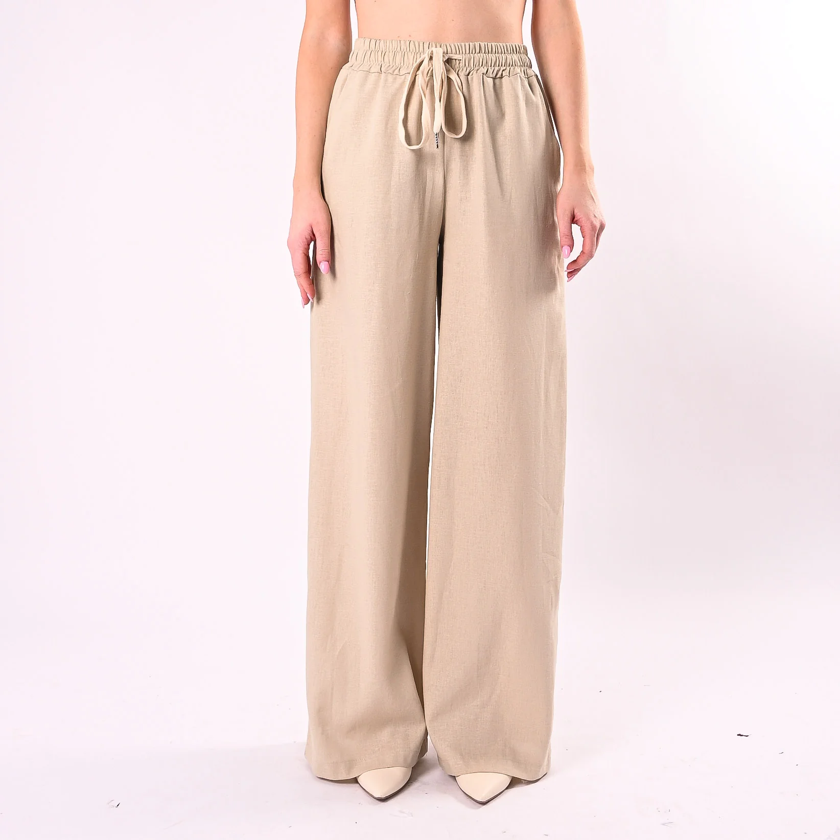 HAVEONE - PANTALONE PALAZZO MISTO LINO CON COULISSE ART. PNO-Q530/S - SABBIA - Image 3