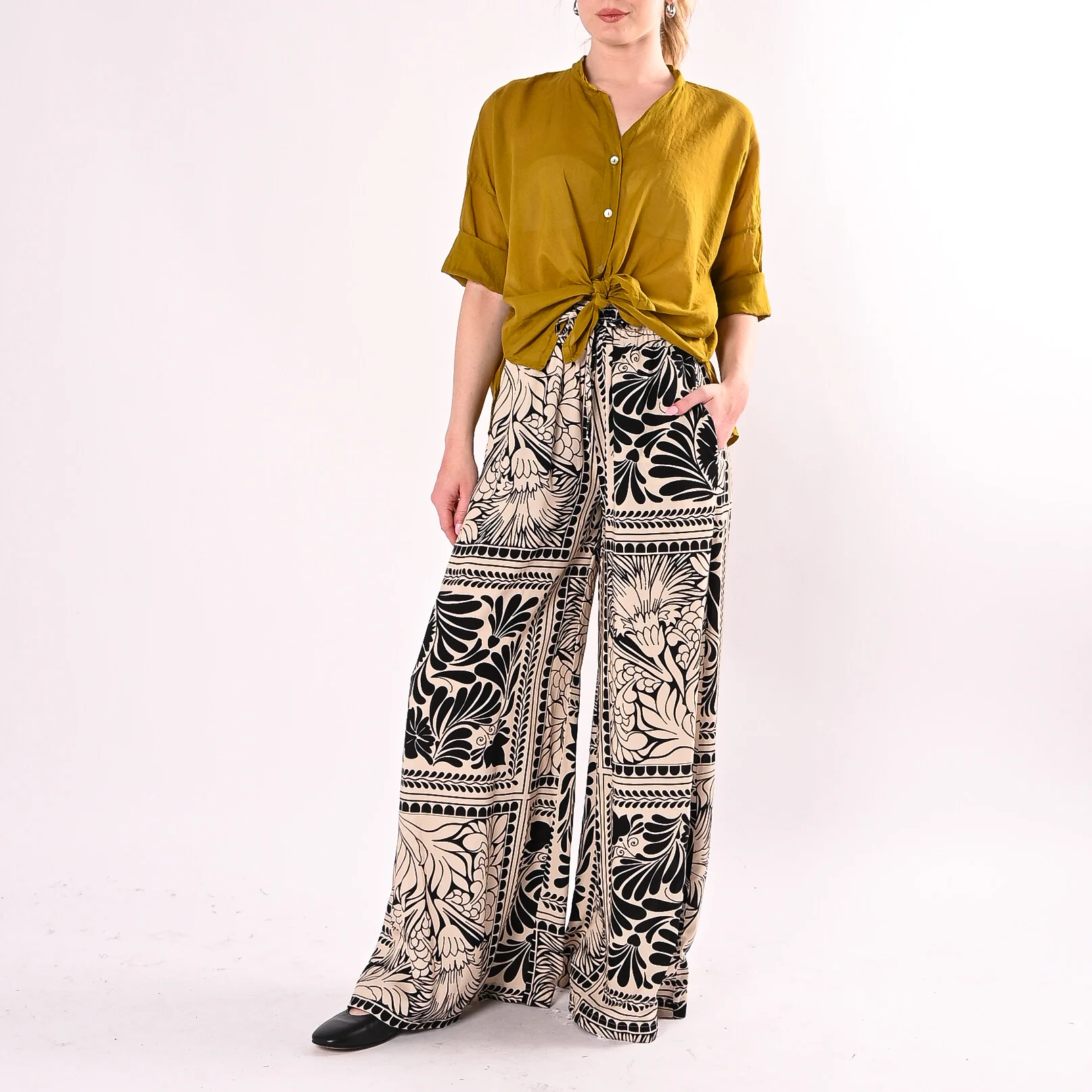HAVEONE - PANTALONE PALAZZO STAMPA FLOREALE ART.PMA-Q716/BN - BURRO/NERO - Image 6