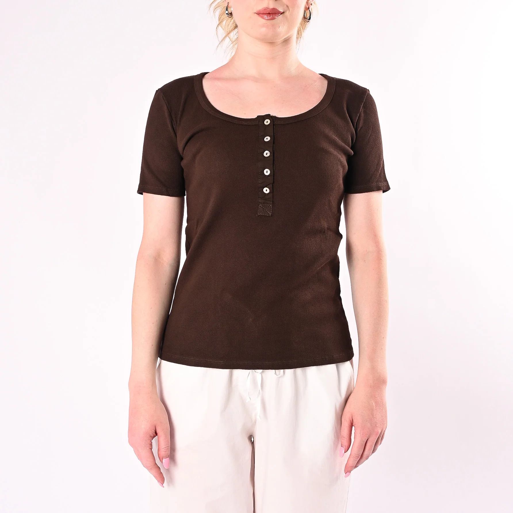 HAVEONE - T-SHIRT SERAFINO A COSTINE MANICA CORTA ART. MJS-Q166/C - CIOCCOLATO - Image 2