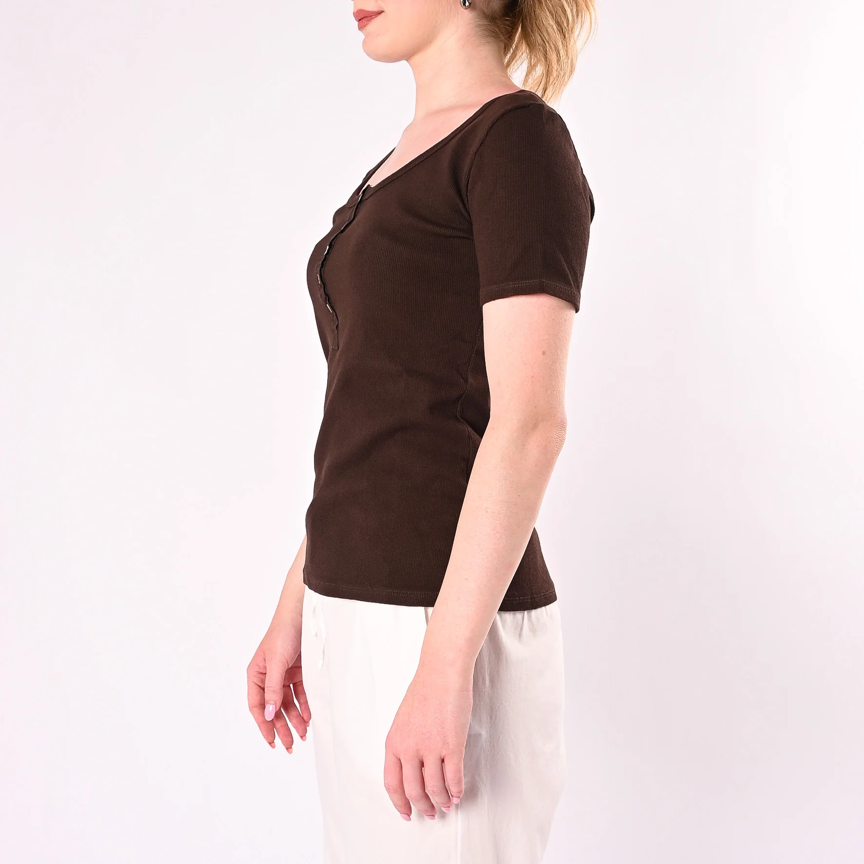 HAVEONE - T-SHIRT SERAFINO A COSTINE MANICA CORTA ART. MJS-Q166/C - CIOCCOLATO - Image 3