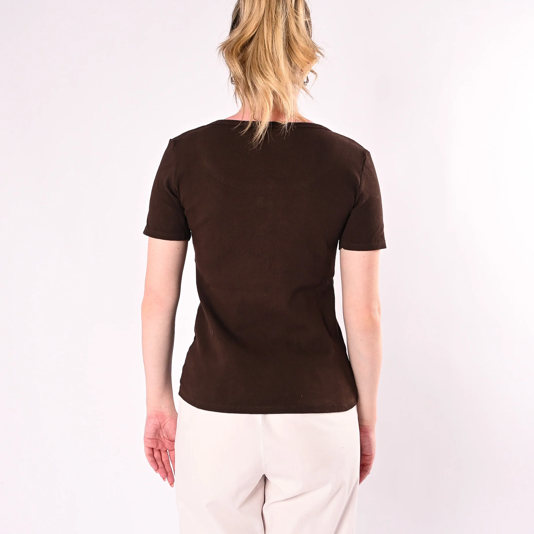 HAVEONE - T-SHIRT SERAFINO A COSTINE MANICA CORTA ART. MJS-Q166/C - CIOCCOLATO - Image 4
