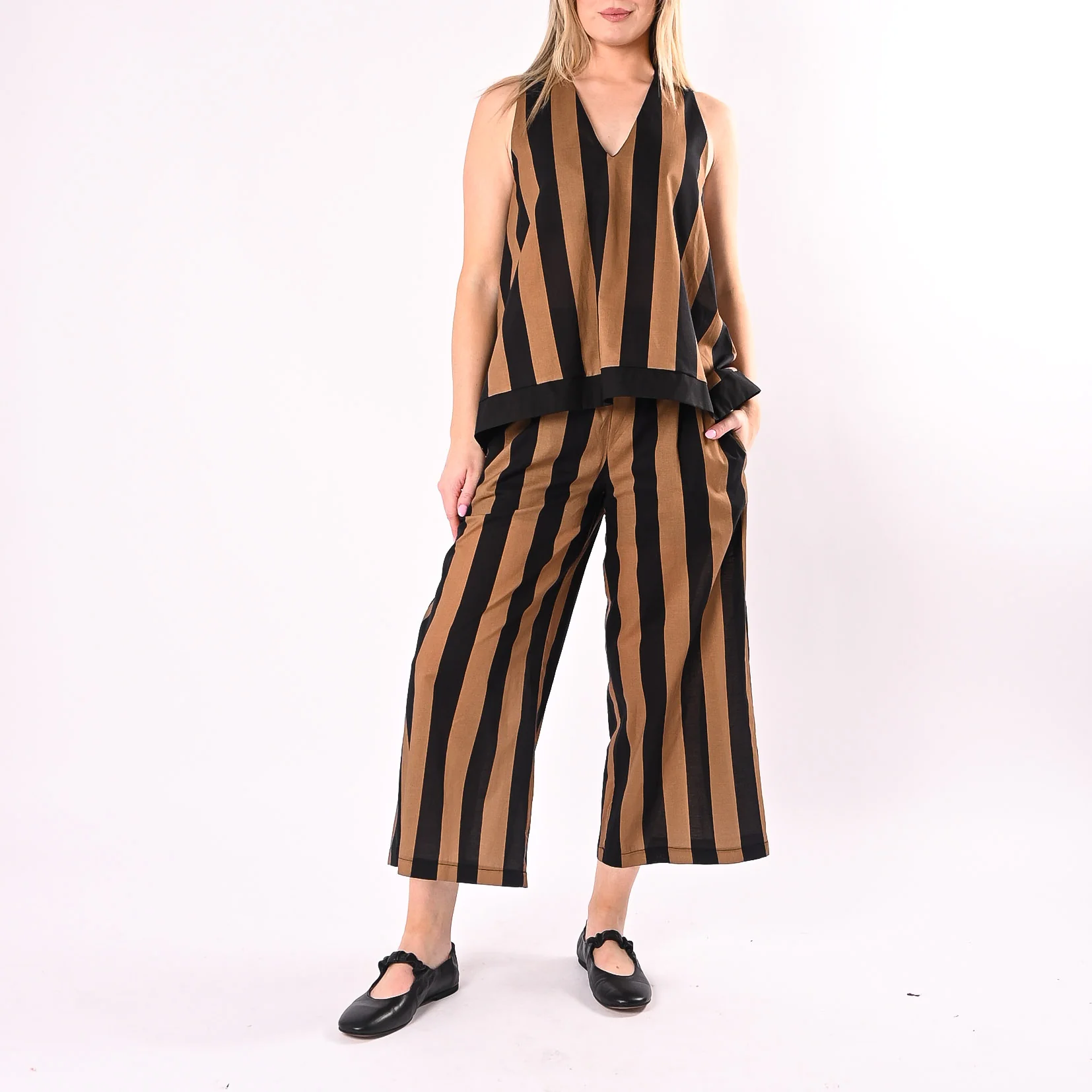 HAVEONE - TOP SVASATO A RIGHE ART.RSV-Q296/NT - NERO/TABACCO