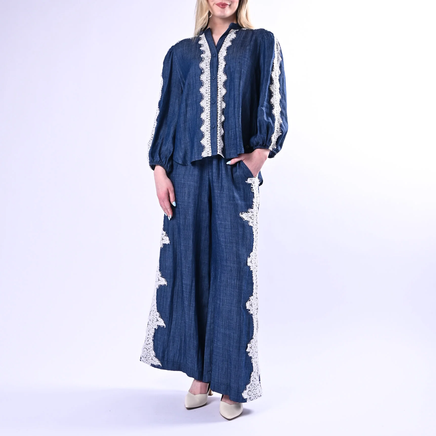 MOTEL - CAMICIA CHAMBRAY INSERTI PIZZO ART.S26CA65/J - JEANS
