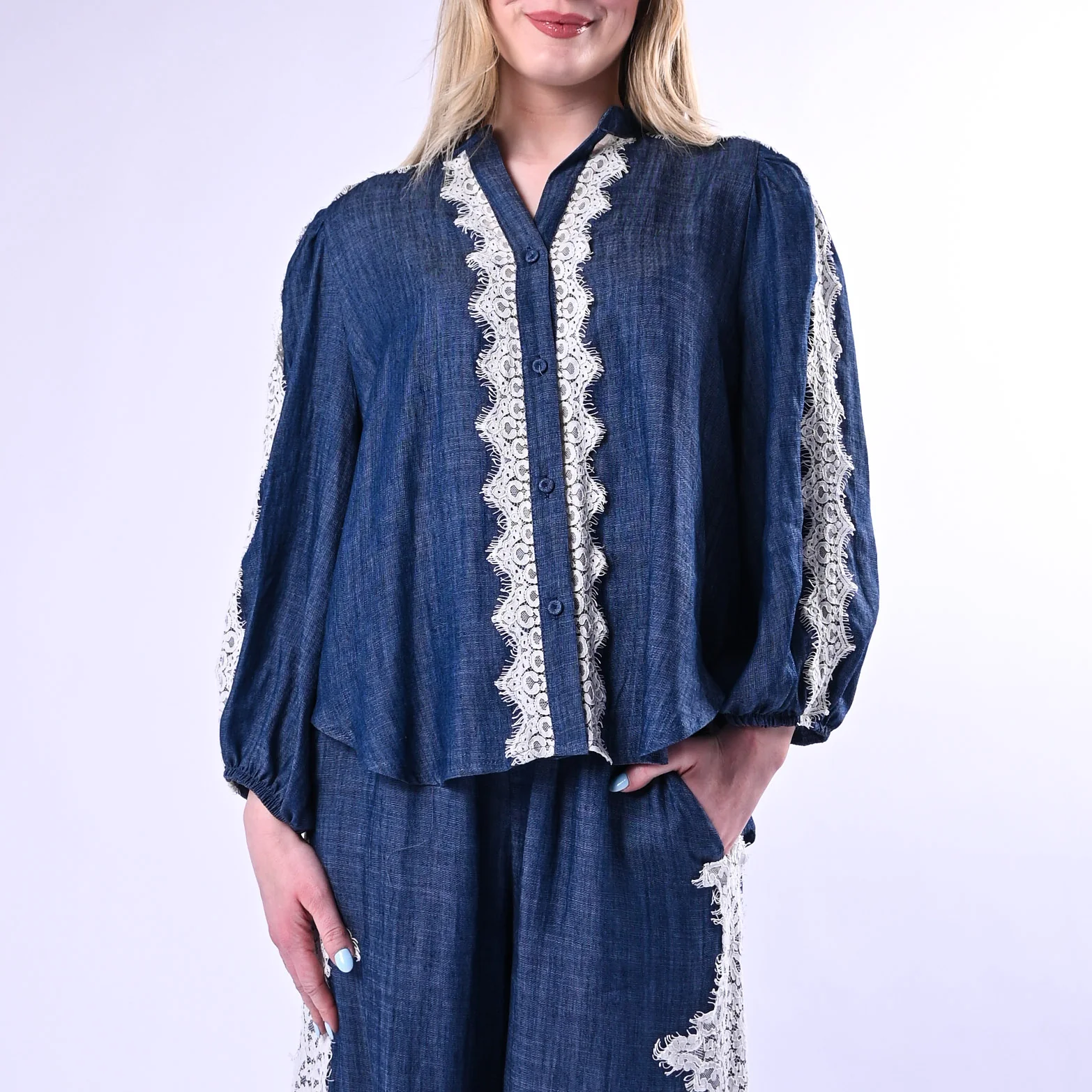 MOTEL - CAMICIA CHAMBRAY INSERTI PIZZO ART.S26CA65/J - JEANS - Image 2