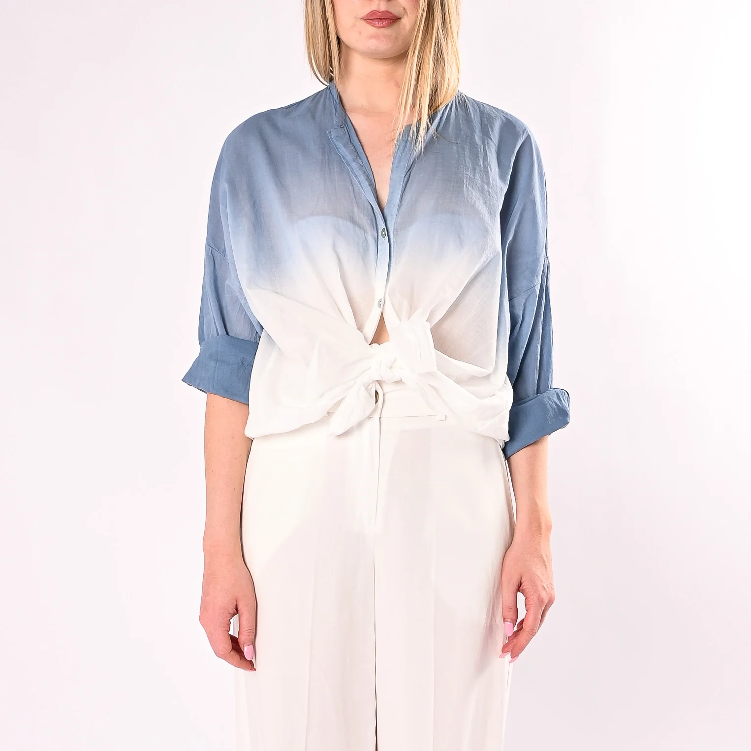 MOTEL - CAMICIA COREANA OVER IN MUSSOLA GRADIENTE ART. S26CM27/PJ - PANNA/JEANS - Image 2