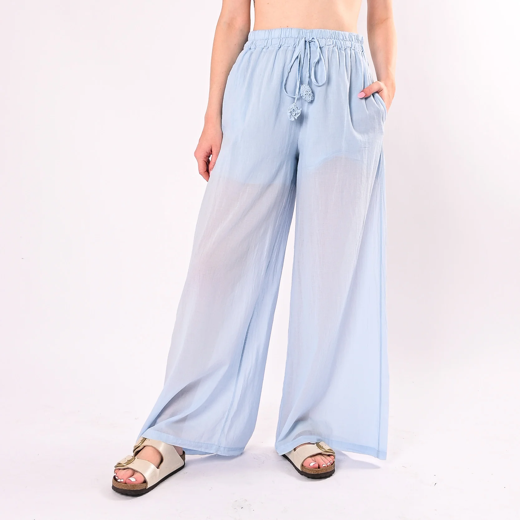 MOTEL - PANTALONE PALAZZO MUSSOLA CON COULISSE ART. S26PL96/C - CELESTE