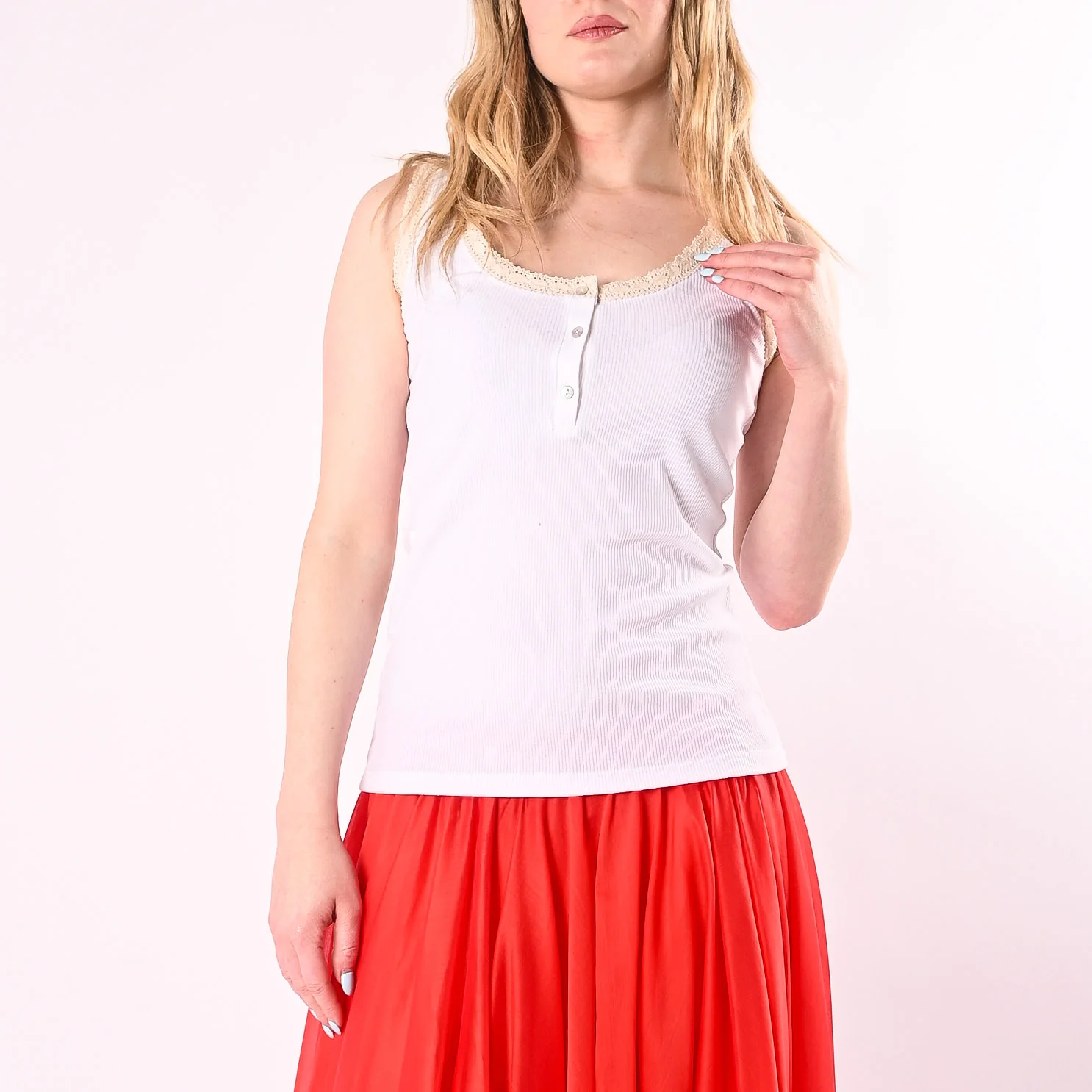 PHILIA LOFT - CANOTTA SERAFINO CON PROFILI MACRAME' ART.V02F0994/BU - BURRO