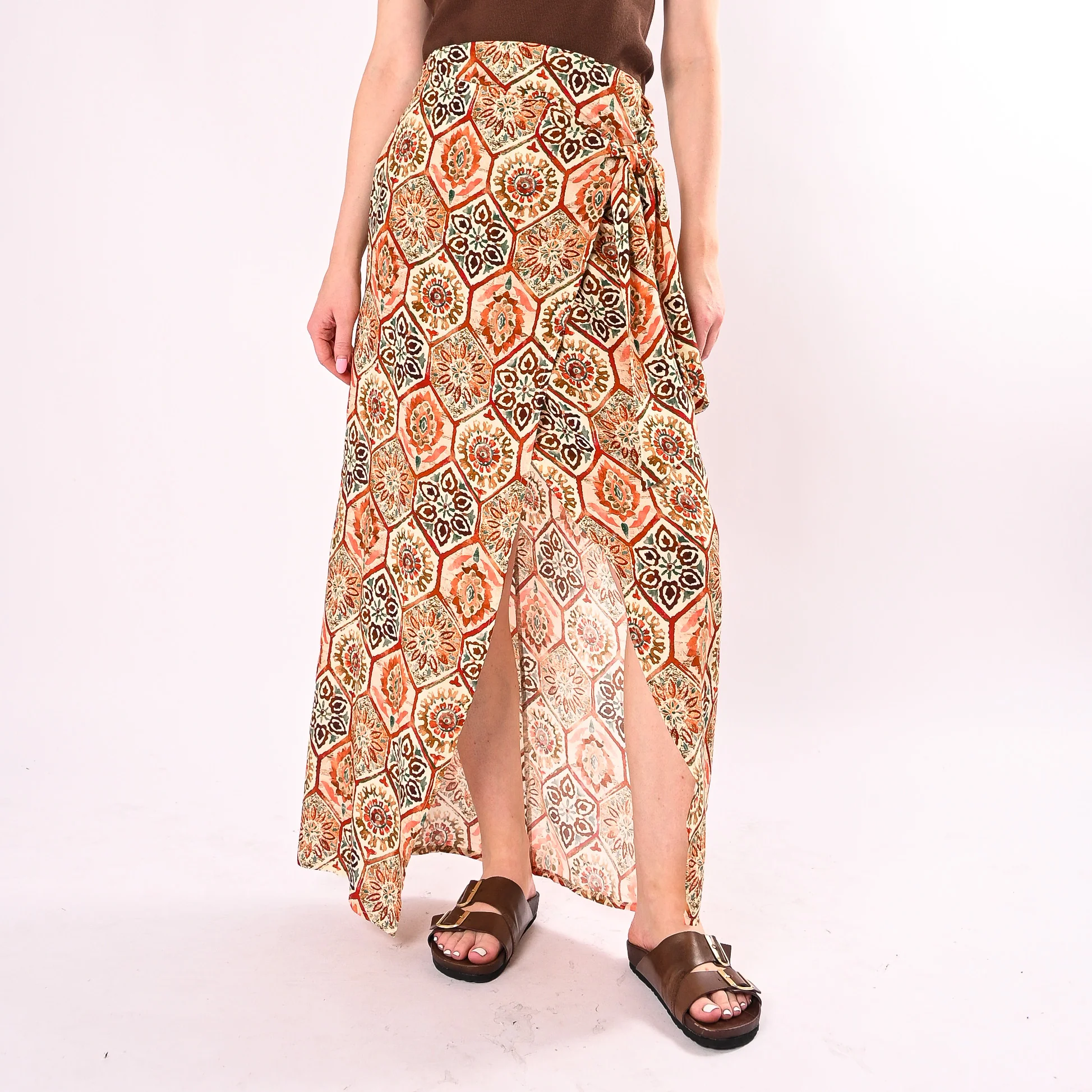 PHILIA LOFT - GONNA PAREO FANTASIA GEOMETRICA/FLOREALE ART.R02L1447/BAR - BURRO/ARANCIO/ROSSO