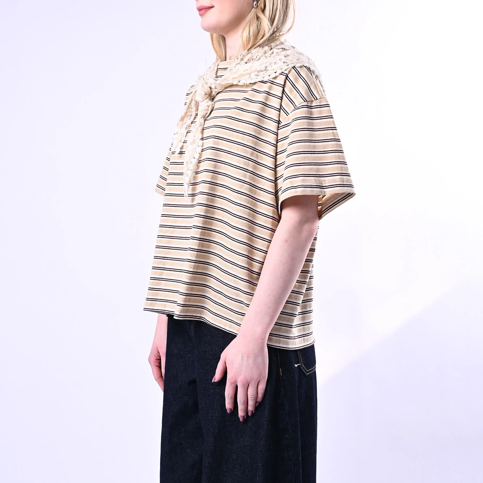 PHILIA LOFT - T-SHIRT A RIGHE CON FOULARD PIZZO ART.D02N0653 - BEIGE - Image 3