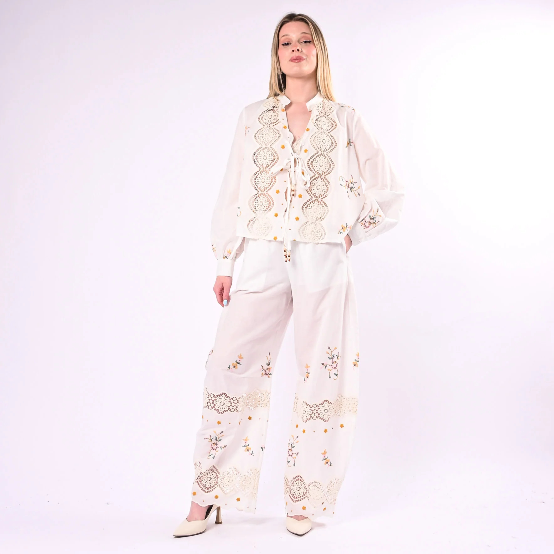 SOUVENIR - CAMICIA INSERTI PIZZO CON RICAMI ART.M39F1358/P - PANNA