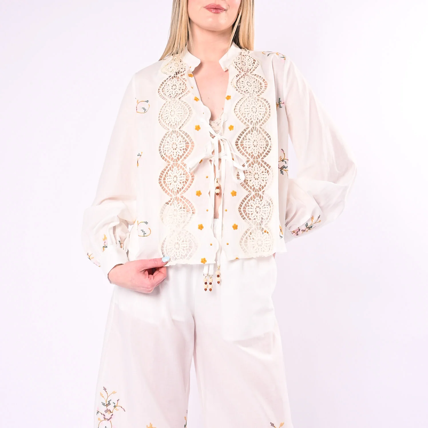 SOUVENIR - CAMICIA INSERTI PIZZO CON RICAMI ART.M39F1358/P - PANNA - Image 2