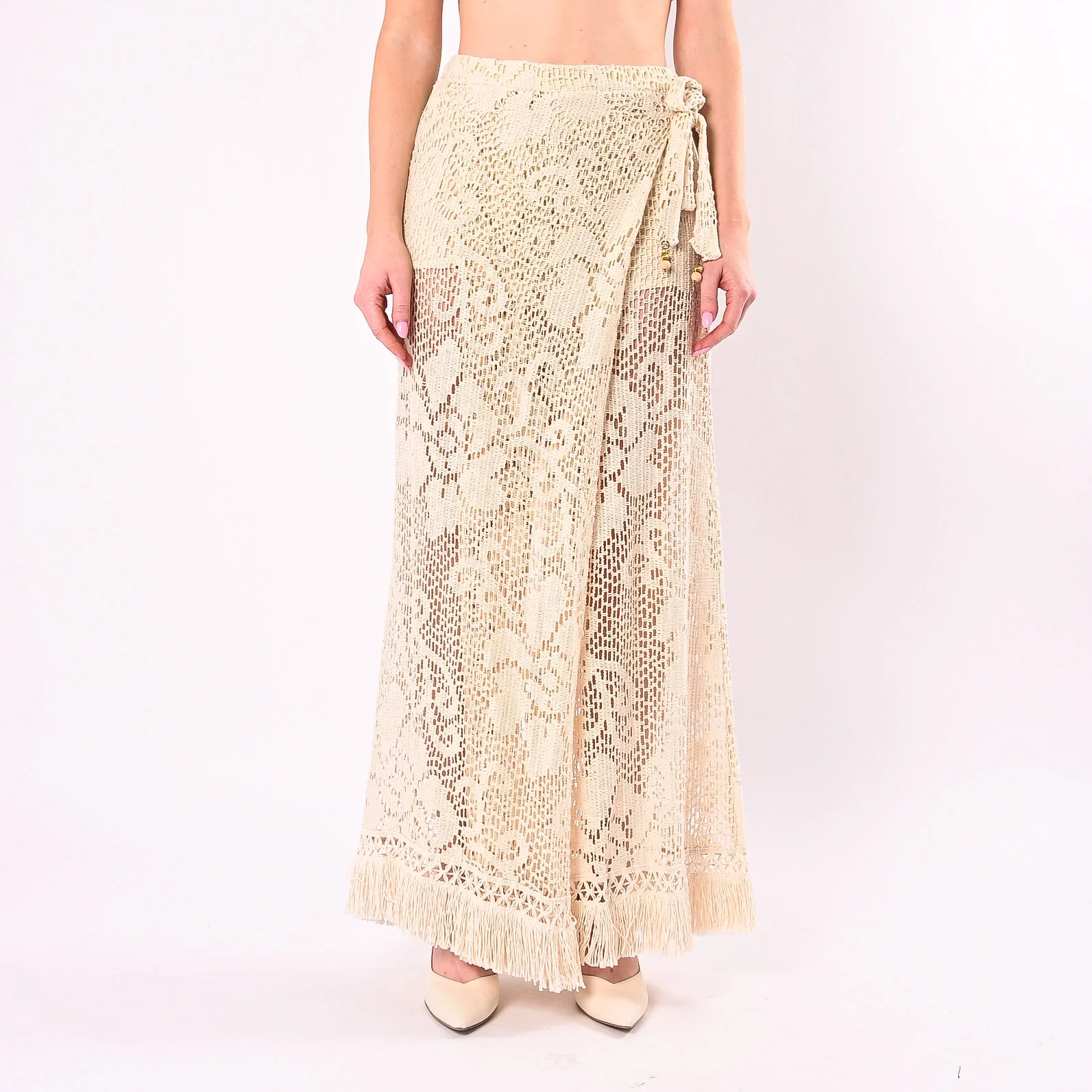 SOUVENIR - PANTALONE CROCHET CON FRANGE INCROCIATO ART.M39F1687/EC - ECRU - Image 2