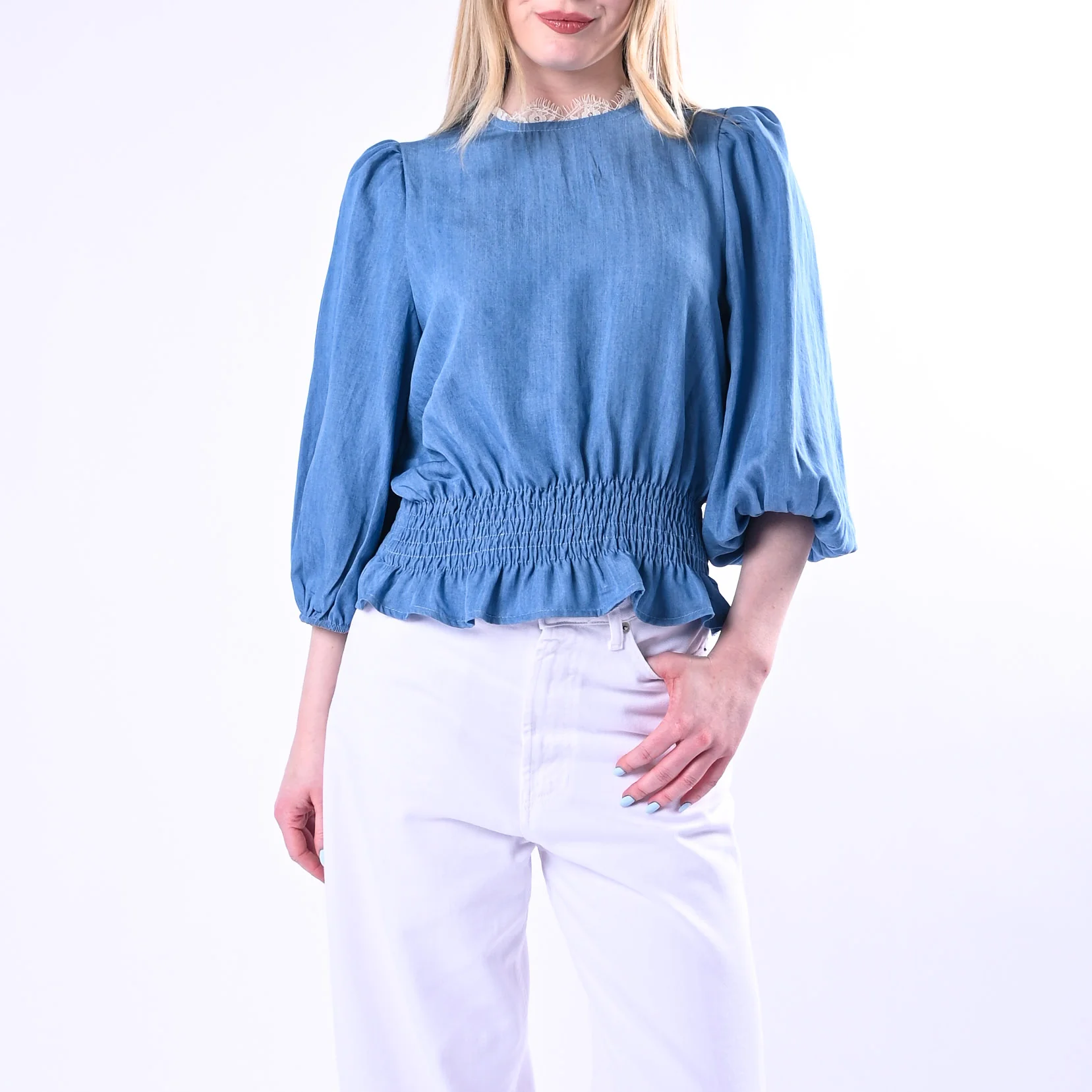 TENSIONE IN  - BLUSA CHAMBRAY ARRICCIATA IN VITA ART.S26CD26/J - JEANS