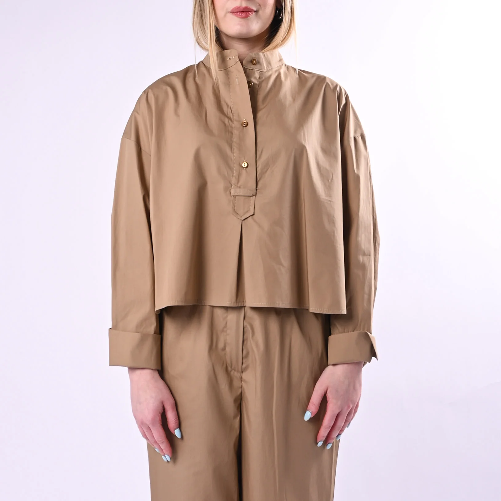 TENSIONE IN - CAMICIA POPELINE OVER COREANA MEZZA ABBOTTONATURA ART. 26C4933/C - COGNAC - Image 3