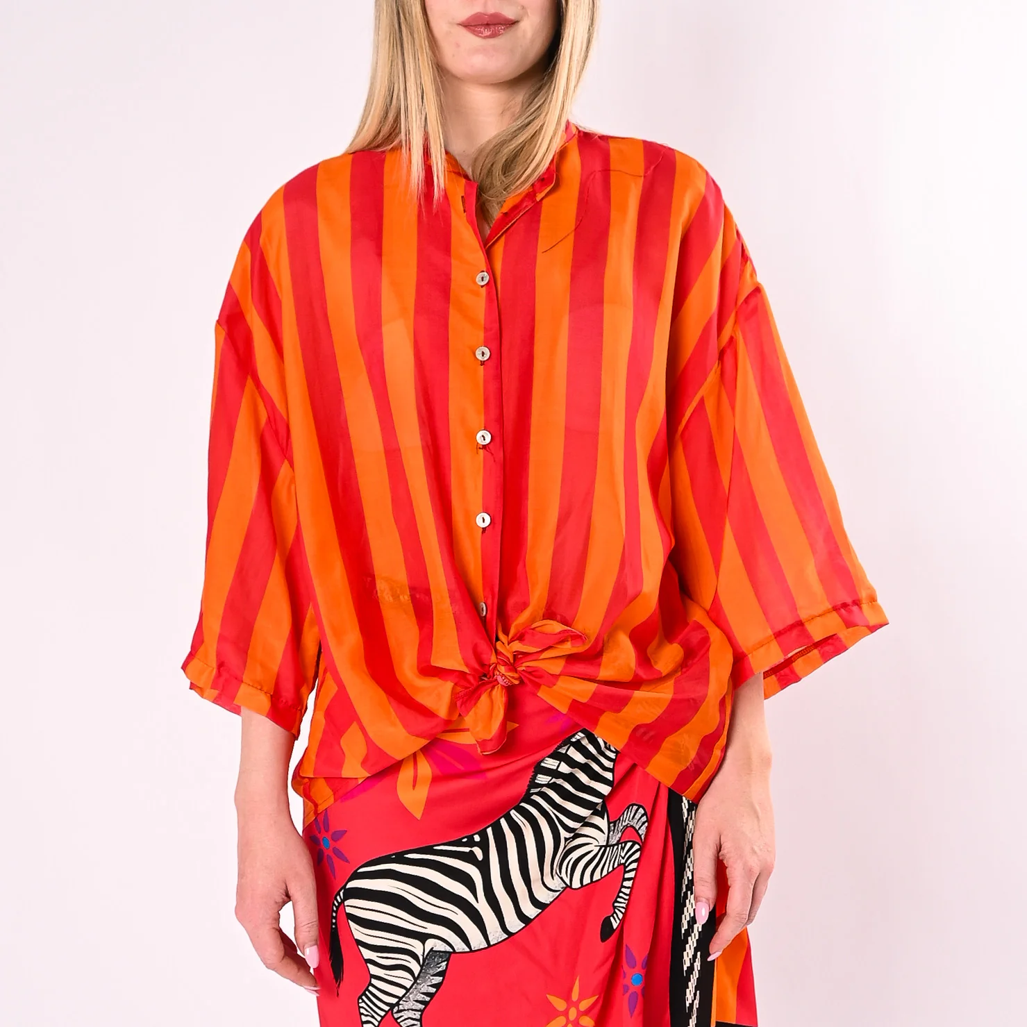 TENSIONE IN - CAMICIA RIGA MISTO SETA ART.40021/CA - CORALLO/ARANCIO - Image 2