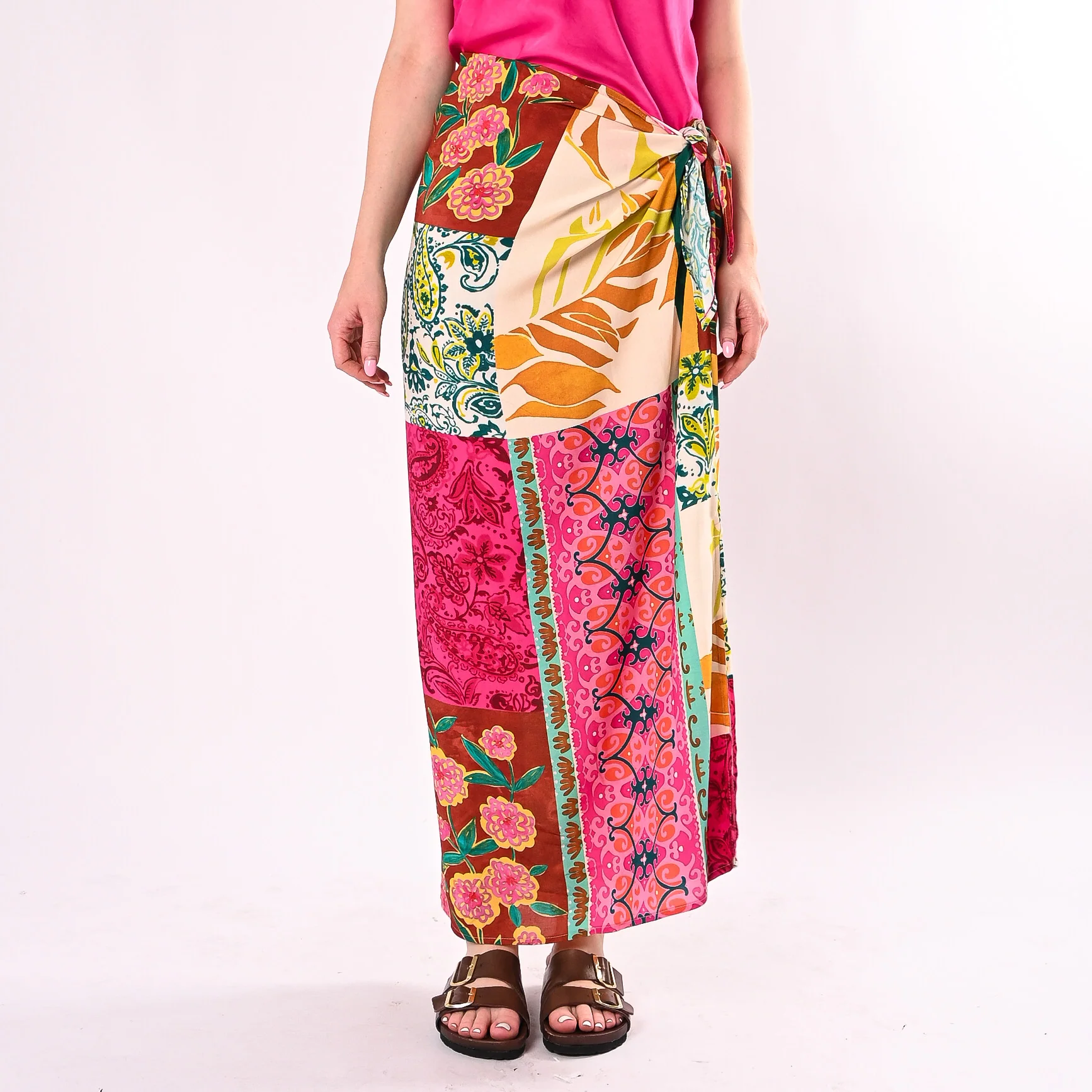 TENSIONE IN - GONNA LUNGA FOULARD STAMPA PATCHWORK ART.39975/FO - FUXIA/OCRA - Image 2