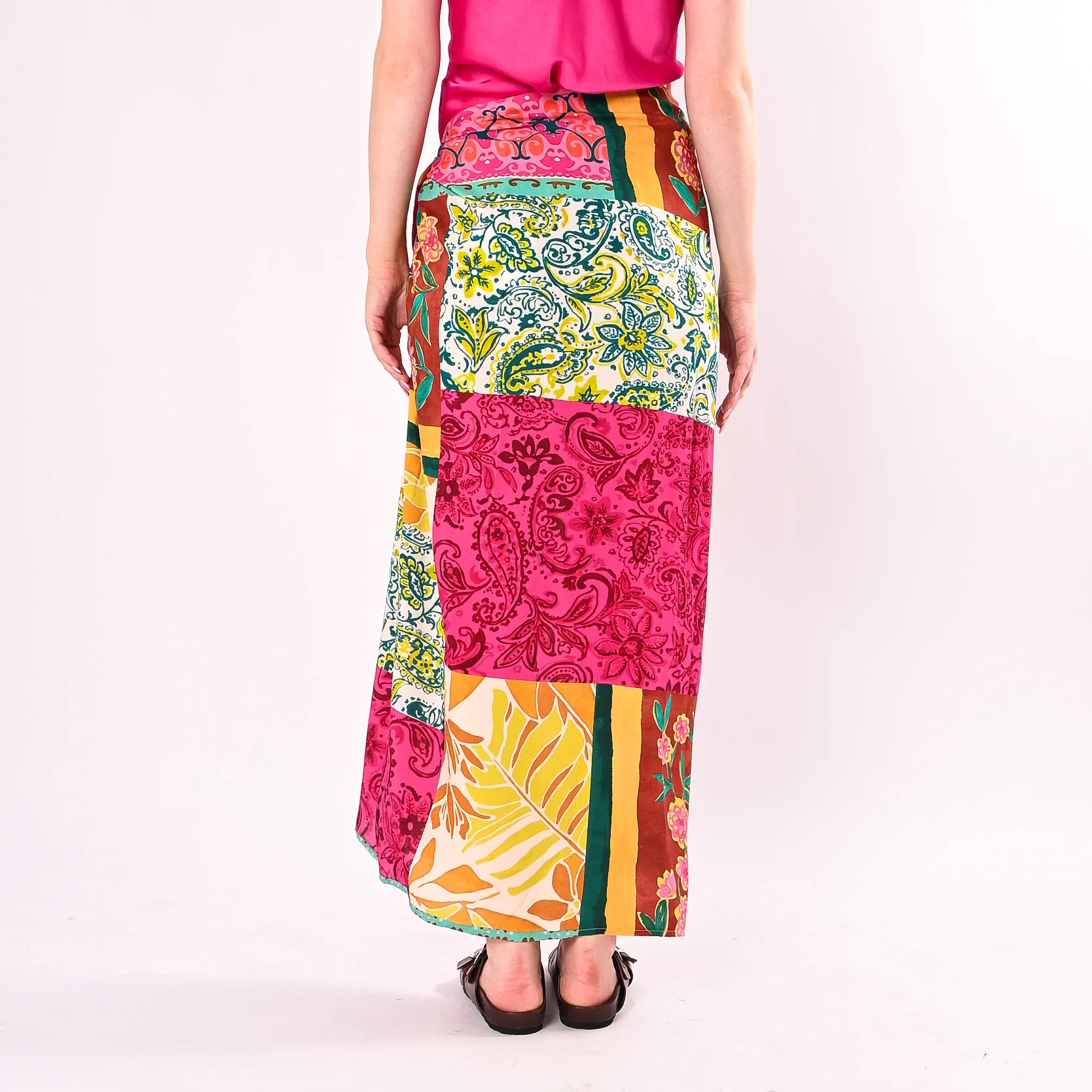 TENSIONE IN - GONNA LUNGA FOULARD STAMPA PATCHWORK ART.39975/FO - FUXIA/OCRA - Image 4