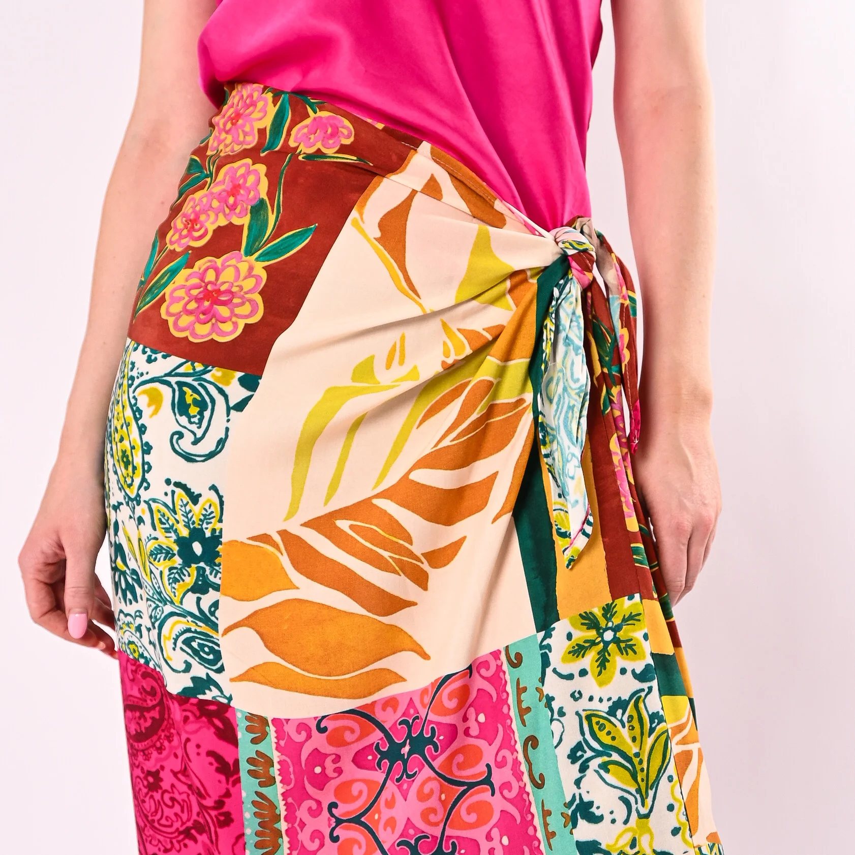 TENSIONE IN - GONNA LUNGA FOULARD STAMPA PATCHWORK ART.39975/FO - FUXIA/OCRA - Image 5