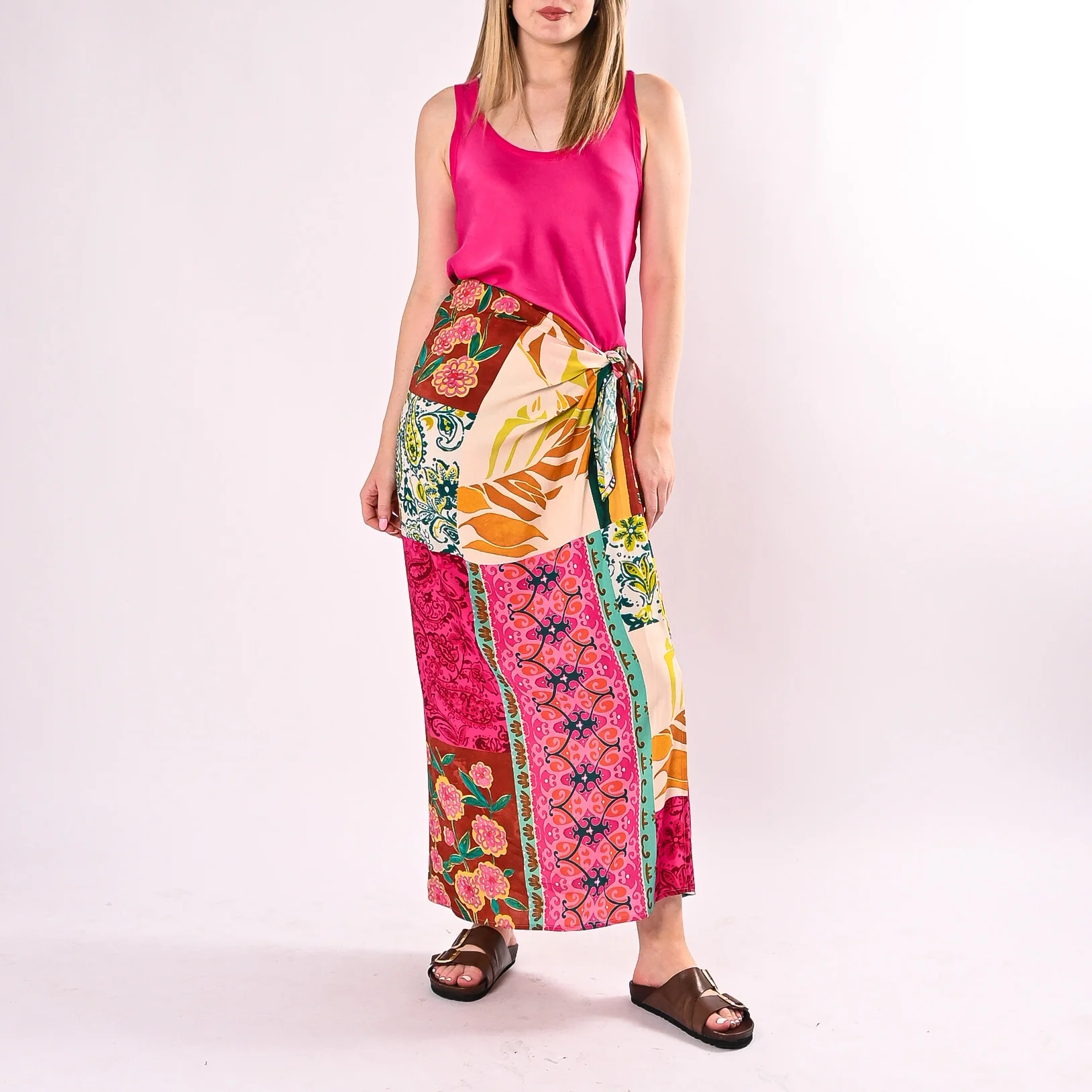 TENSIONE IN - GONNA LUNGA FOULARD STAMPA PATCHWORK ART.39975/FO - FUXIA/OCRA - Image 6