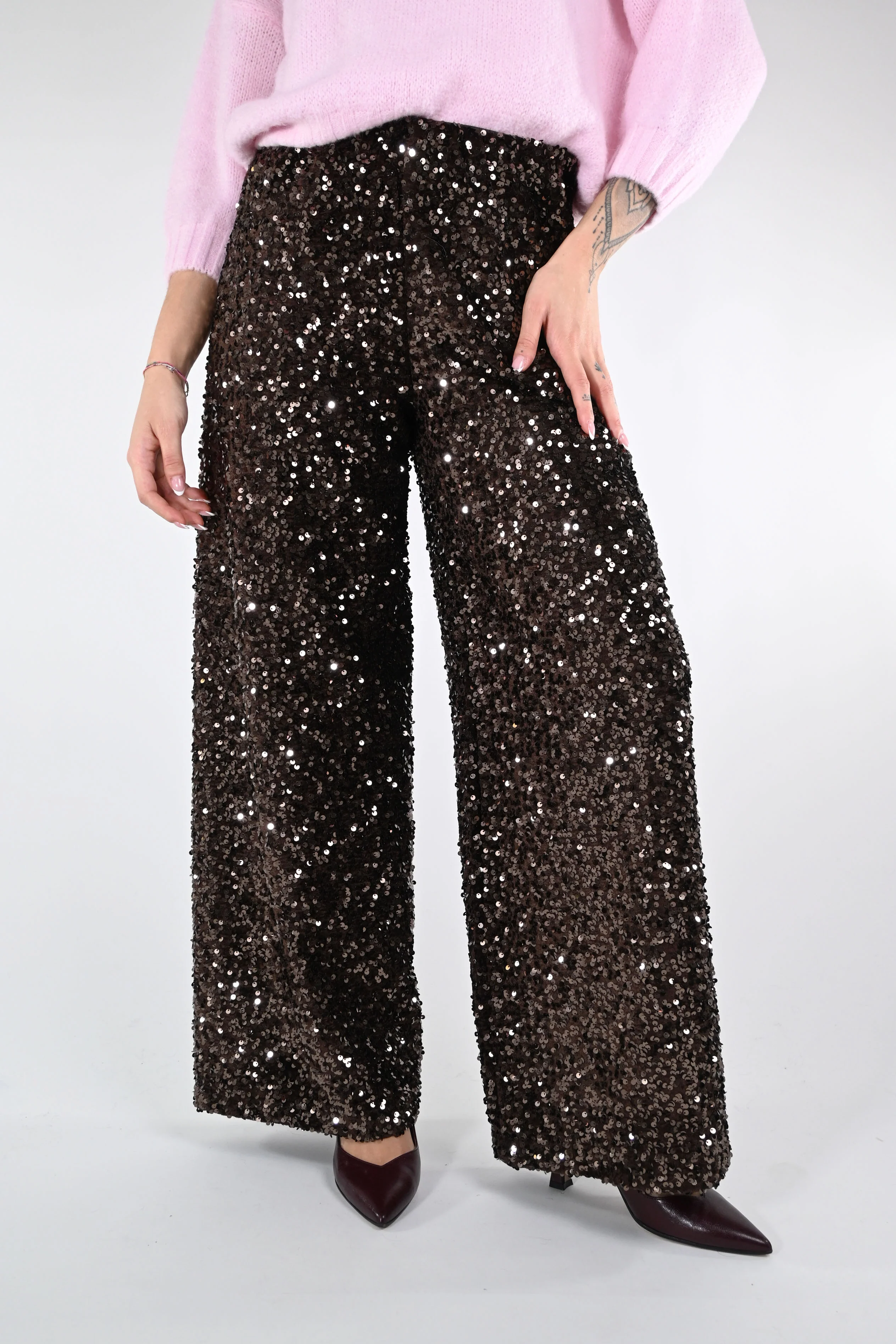 TENSIONE IN - PANTALONE PALAZZO PAILLETTES ART.W25PC73 - MORO - Image 2