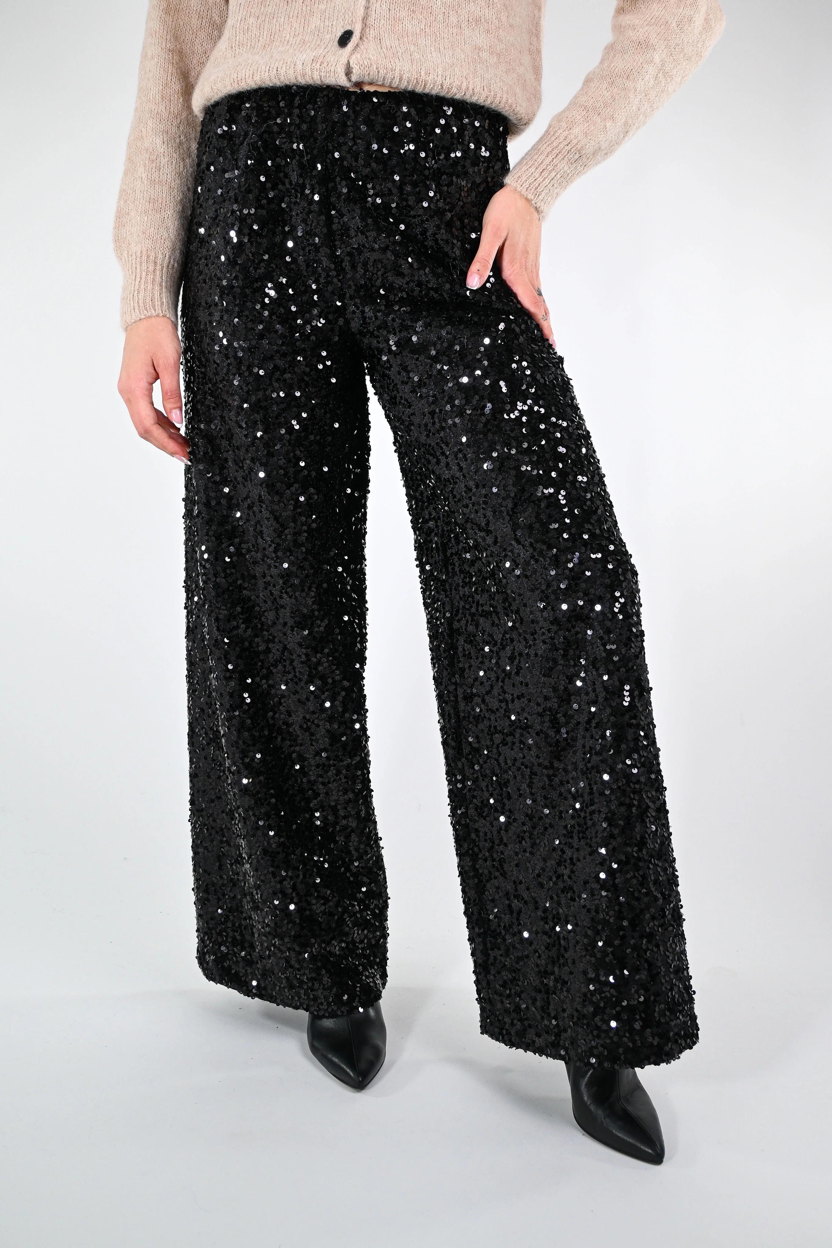 TENSIONE IN - PANTALONE PALAZZO PAILLETTES ART.W25PC73 - NERO