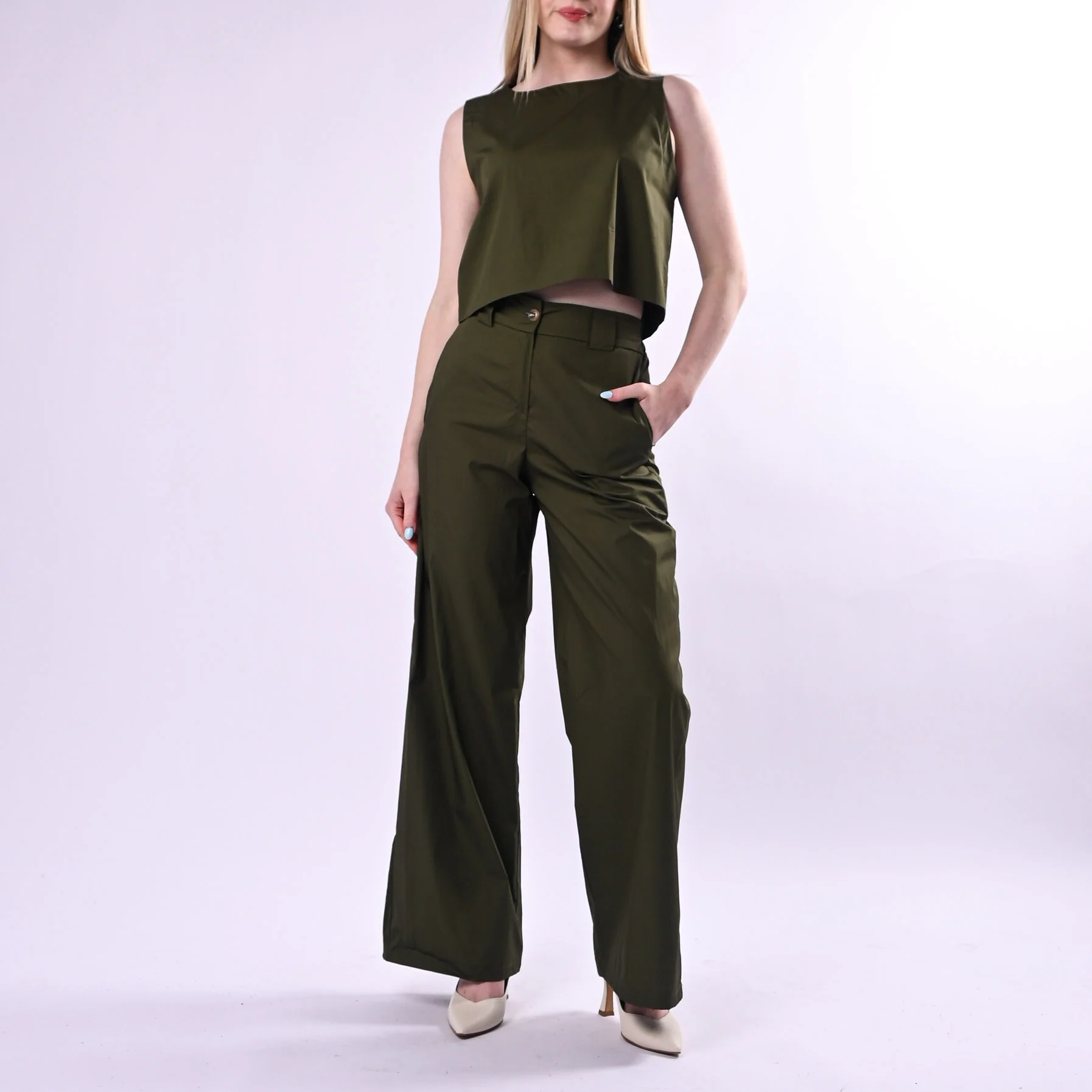 TENSIONE IN - PANTALONE PALAZZO TELA VELA ART.26P4934/M - MILITARE - Image 6