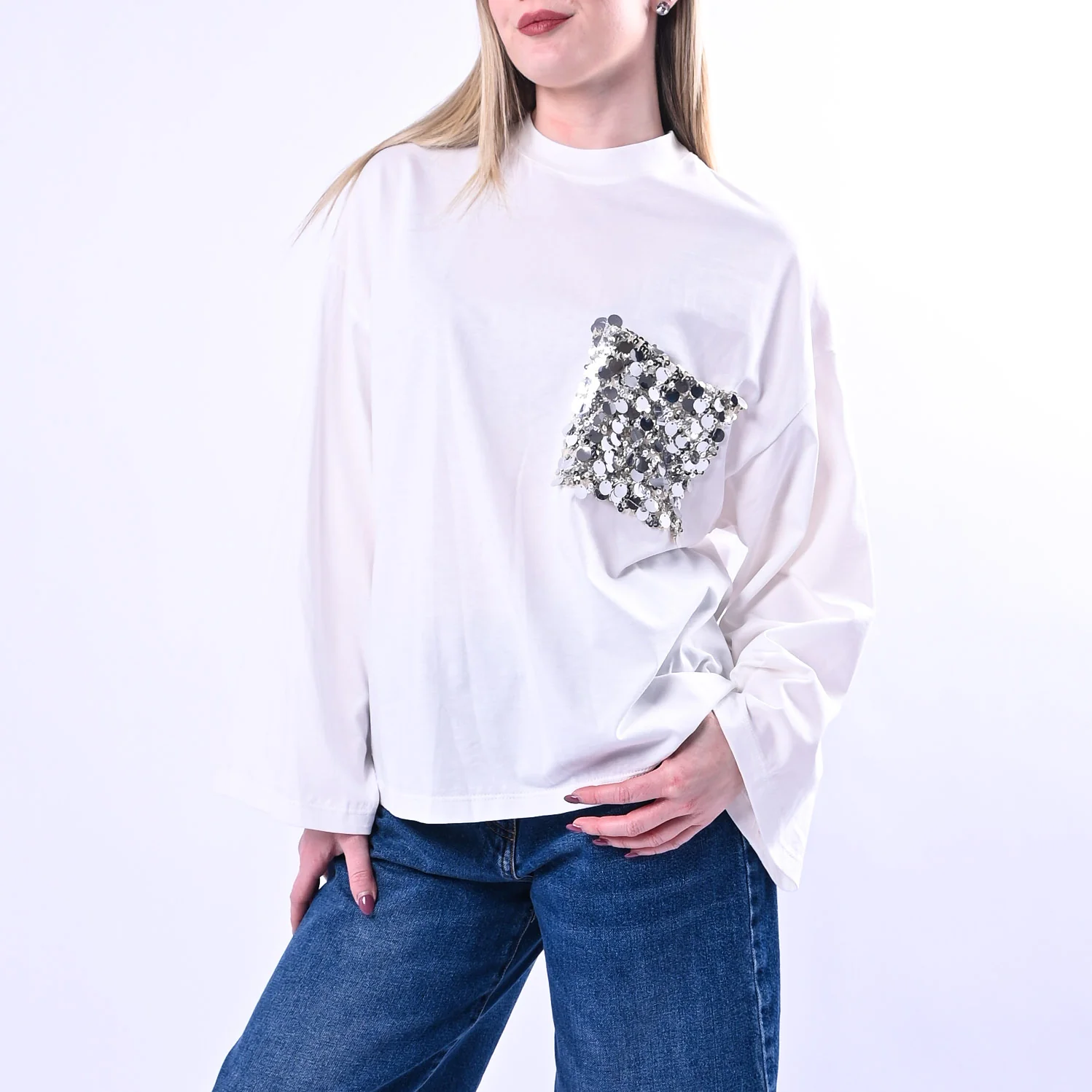 TENSIONE IN - T-SHIRT OVER TASCA PAILLETTES ART.260149/P - PANNA