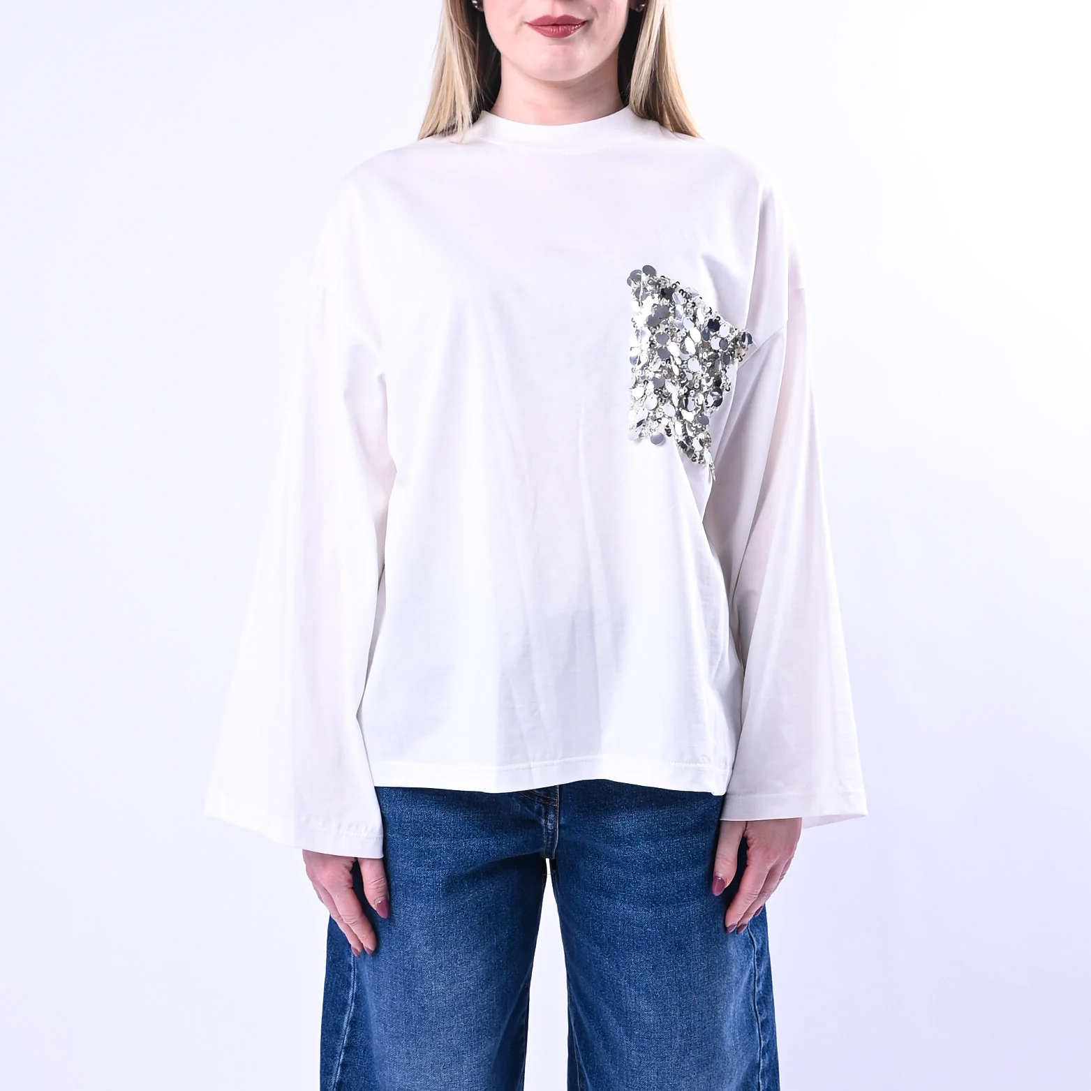 TENSIONE IN - T-SHIRT OVER TASCA PAILLETTES ART.260149/P - PANNA - Image 2